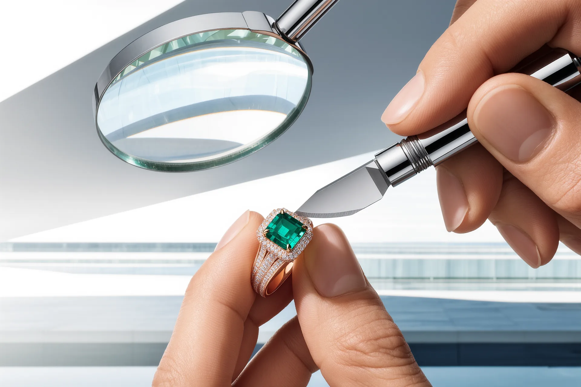 Main d'un graveur poussant un burin dans le métal d'une bague sous une loupe d'atelier