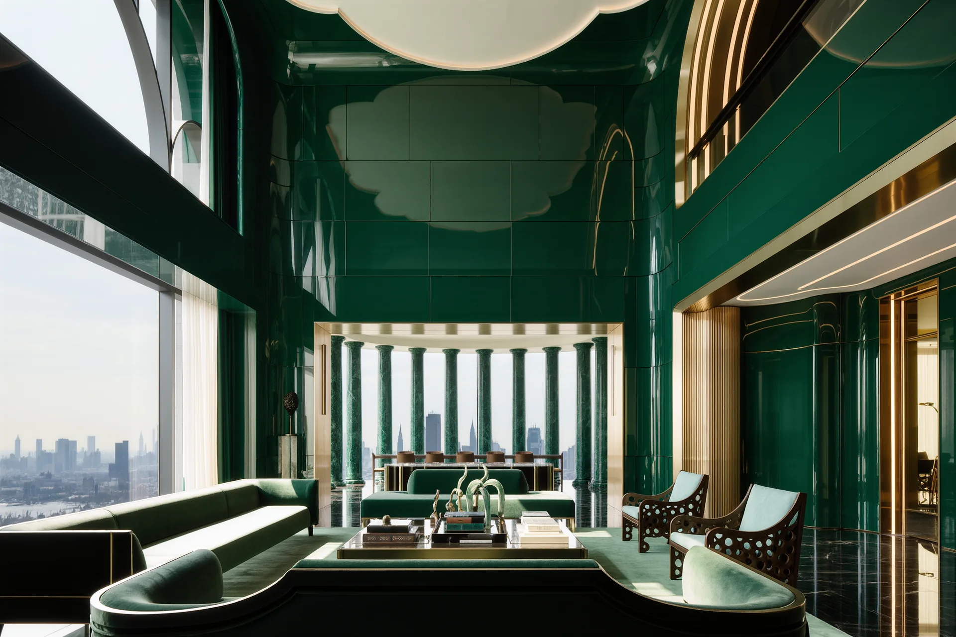 Salon ancien à très haute hauteur sous plafond, moulures blanches et grande fenêtre lumineuse