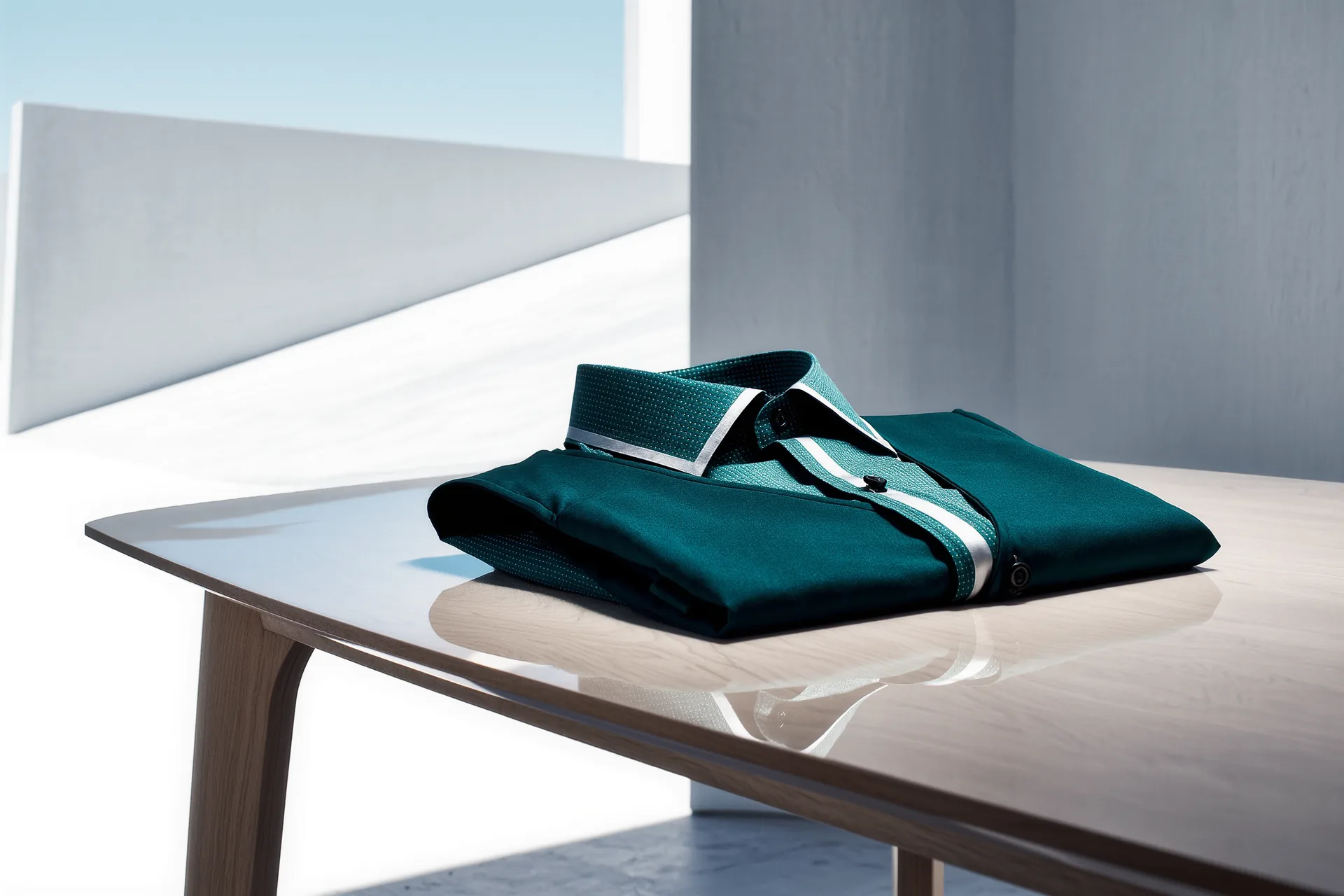 Pull à col roulé fin et gilet assorti pliés sur une table de bois clair.