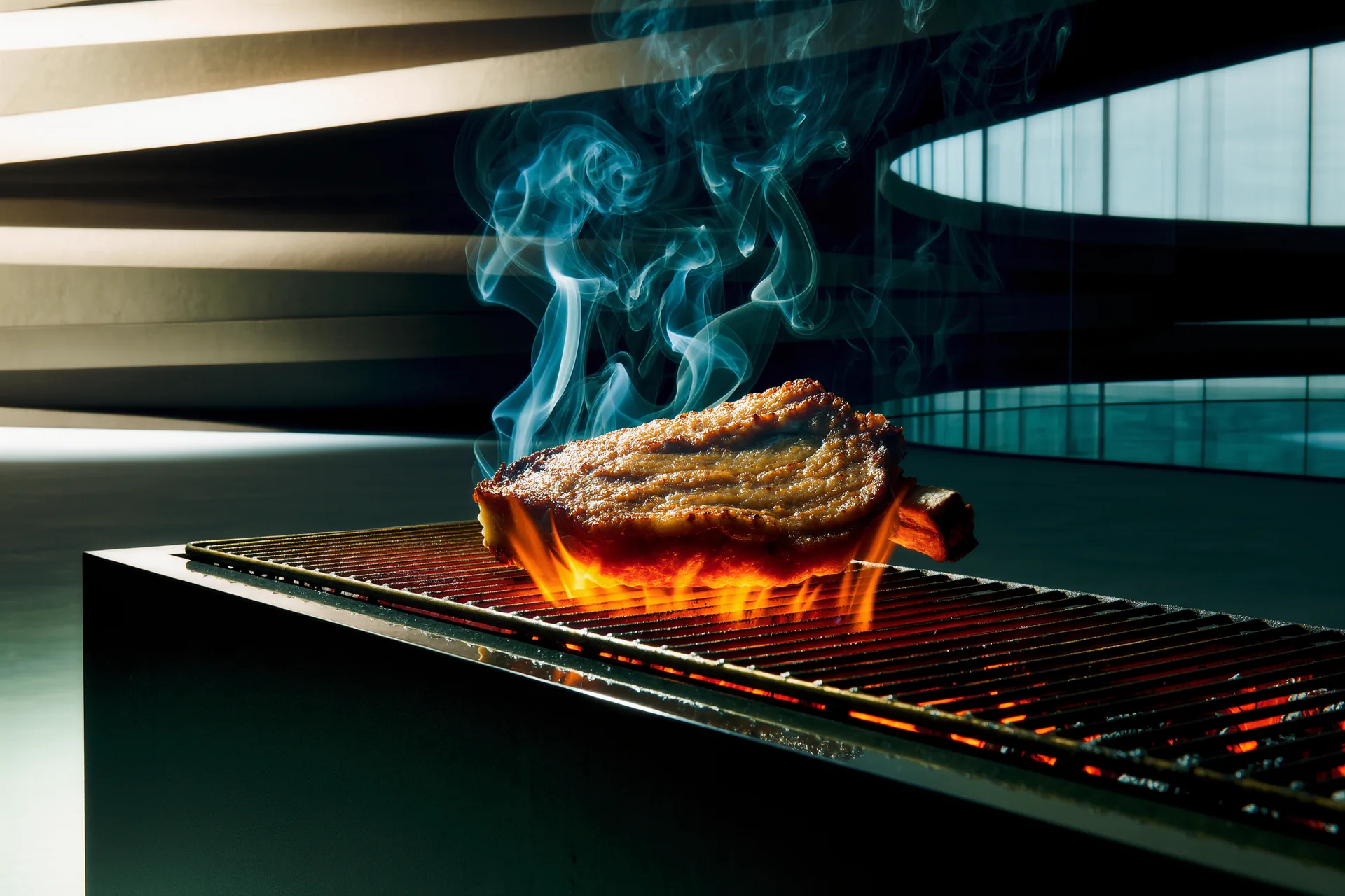 Des braises rougeoyantes sous une grille où crépite une pièce de viande, une fumée bleue montant dans la pénombre.