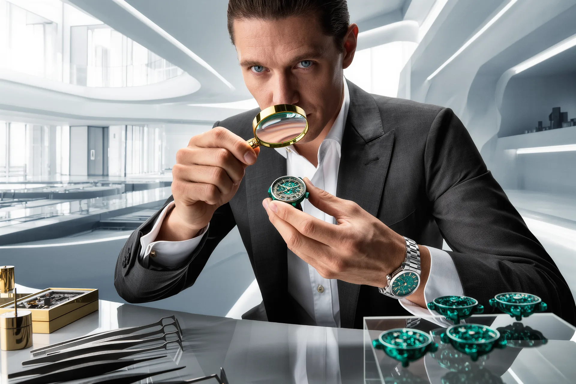 Un horloger inspecte un mouvement nu sous une loupe dans l'atelier lumineux d'une manufacture.