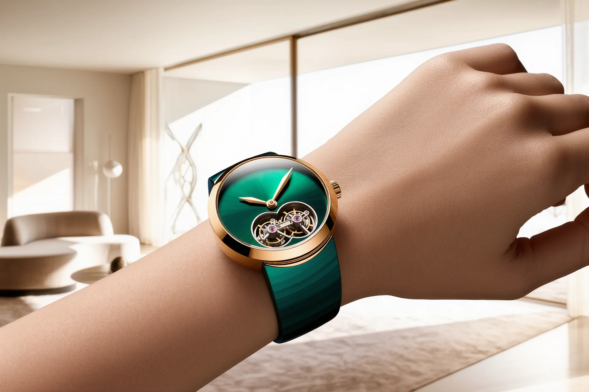 Montre à quartz haut de gamme au cadran épuré, mouvement thermocompensé visible sous un fond transparent d'atelier