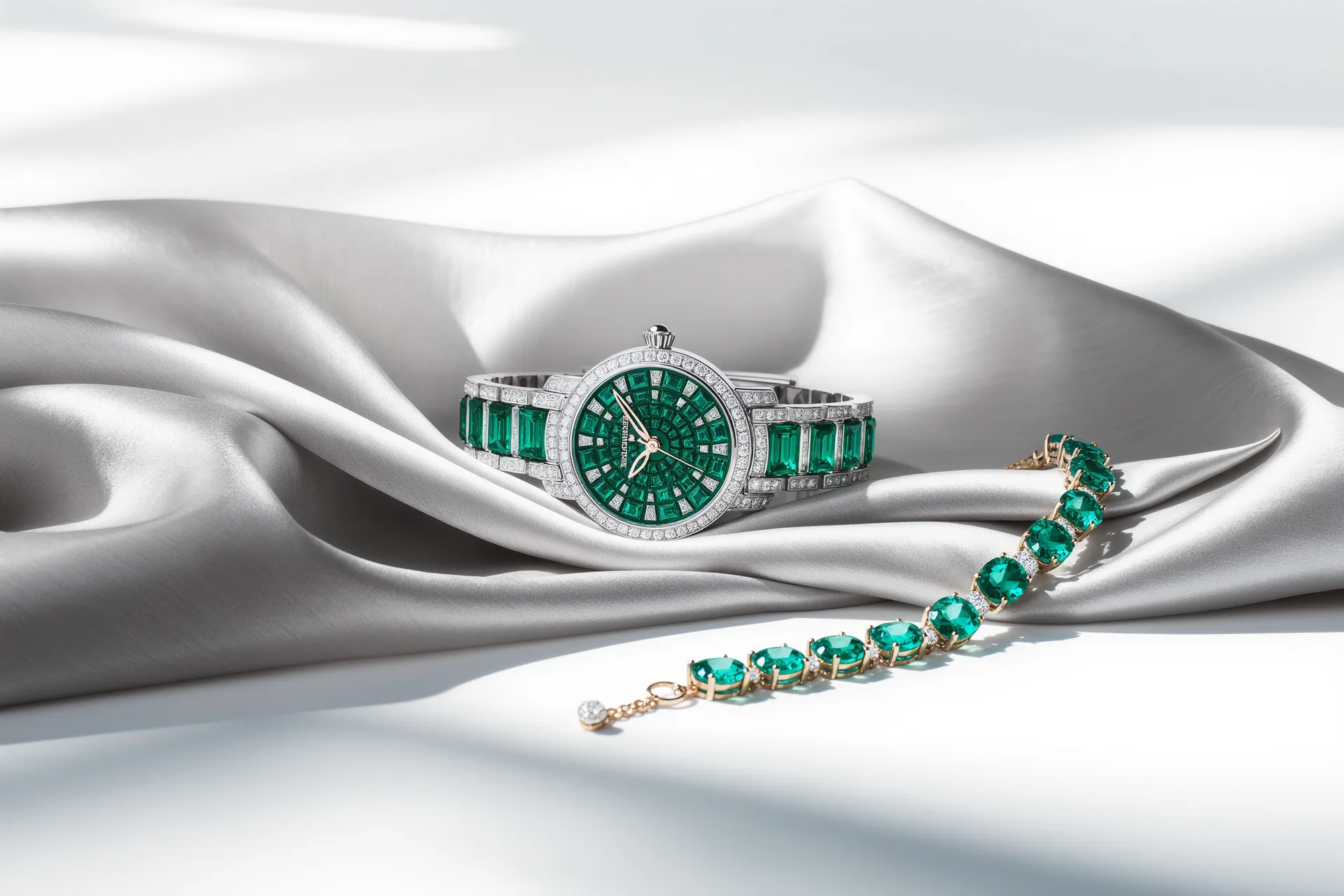 Montre de dame fine à boîtier serti, posée sur une étoffe de soie claire près d'un bracelet de joaillerie