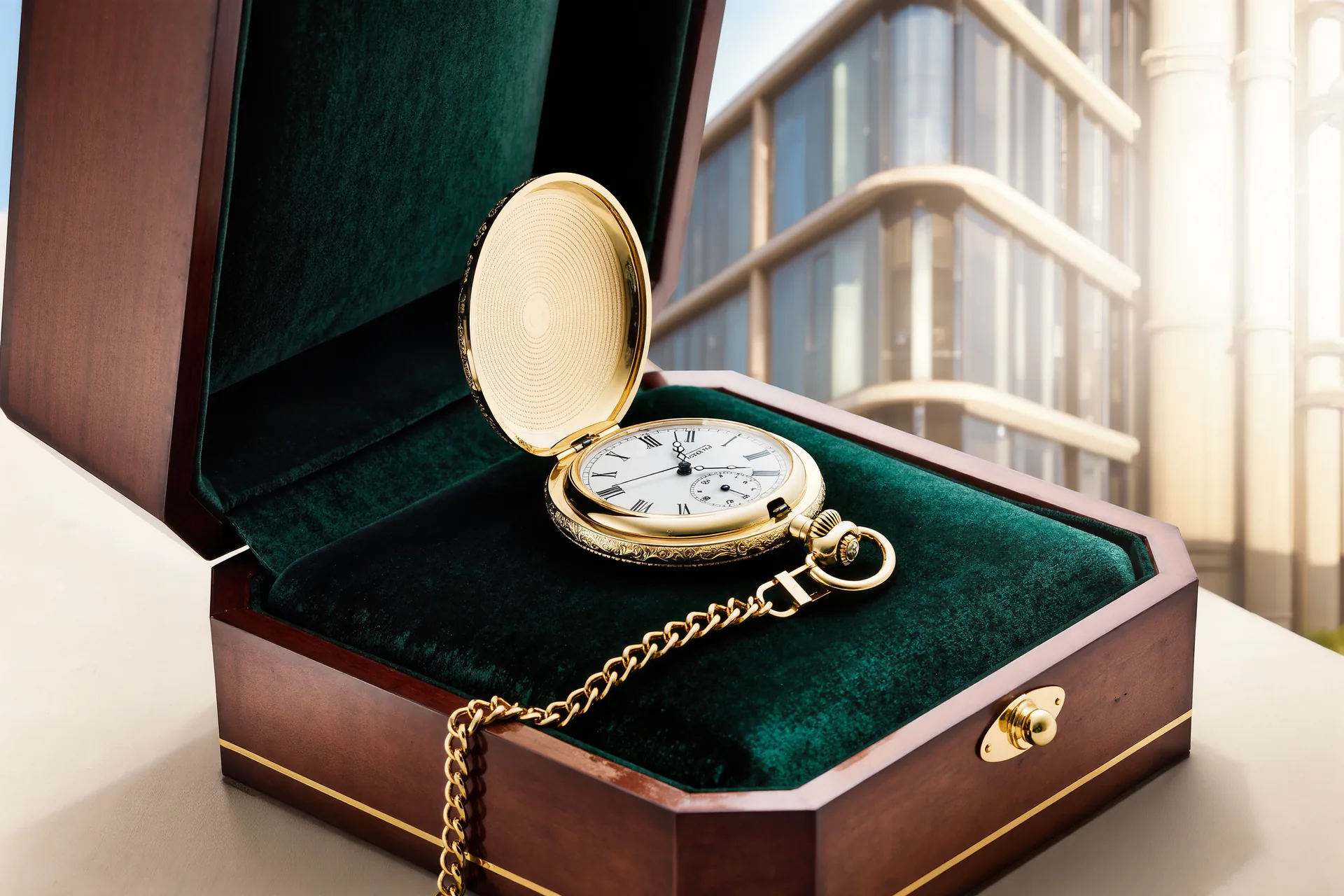 Montre de poche en or à couvercle ouvert, reliée à sa chaîne, posée sur le velours d'un écrin ancien