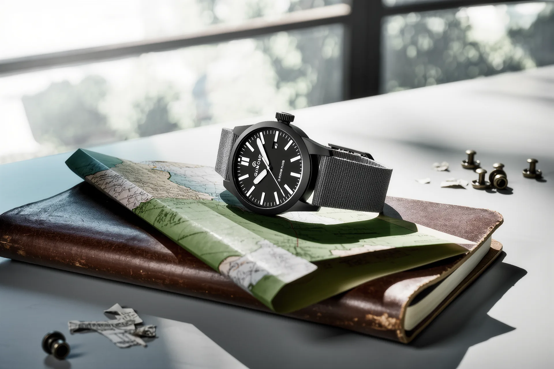 Montre de terrain au cadran mat très lisible et bracelet textile, posée sur une carte pliée et un carnet de cuir usé