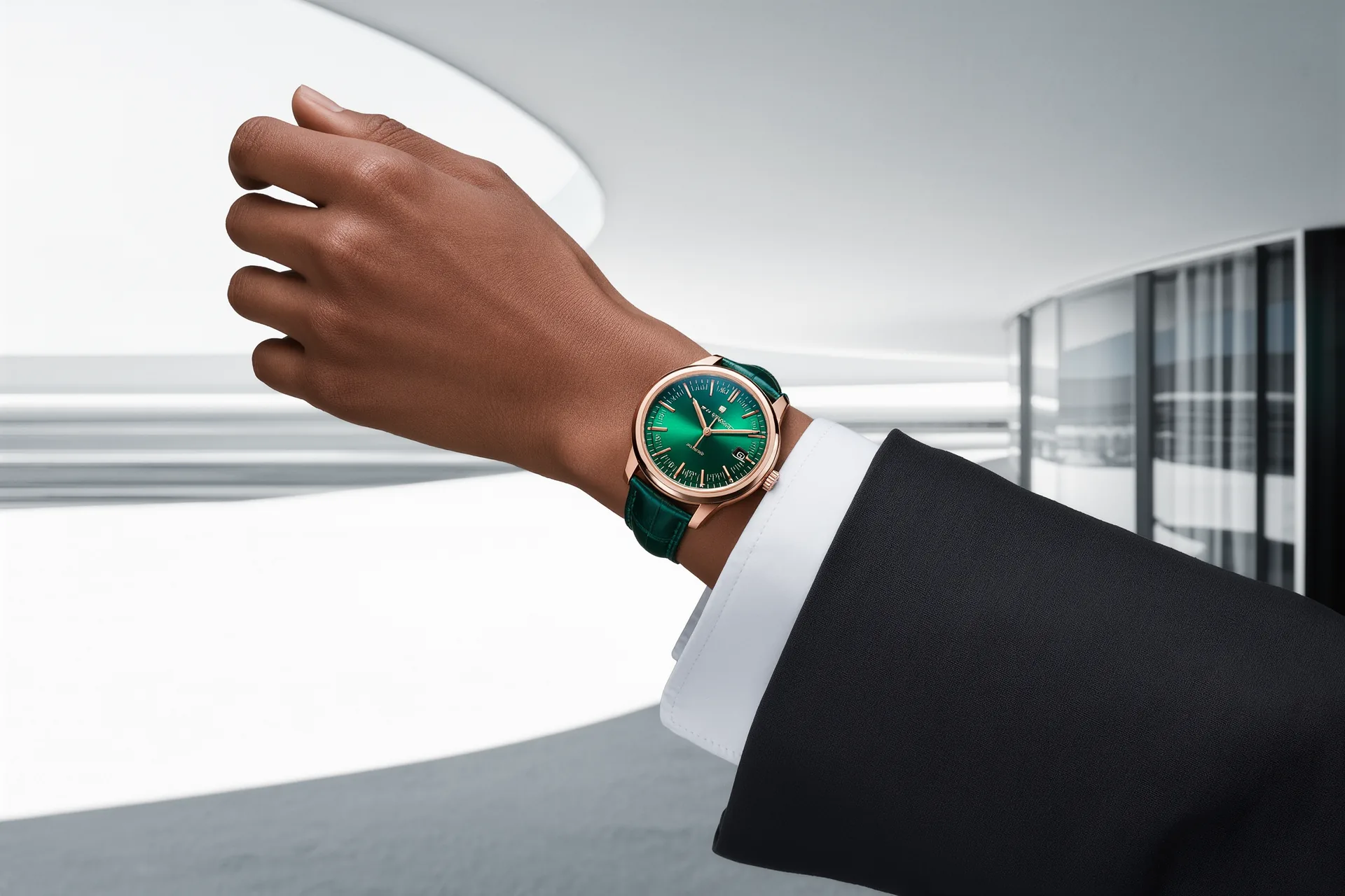 Montre fine à bracelet de cuir dépassant discrètement d'une manchette de chemise blanche et d'une veste sombre