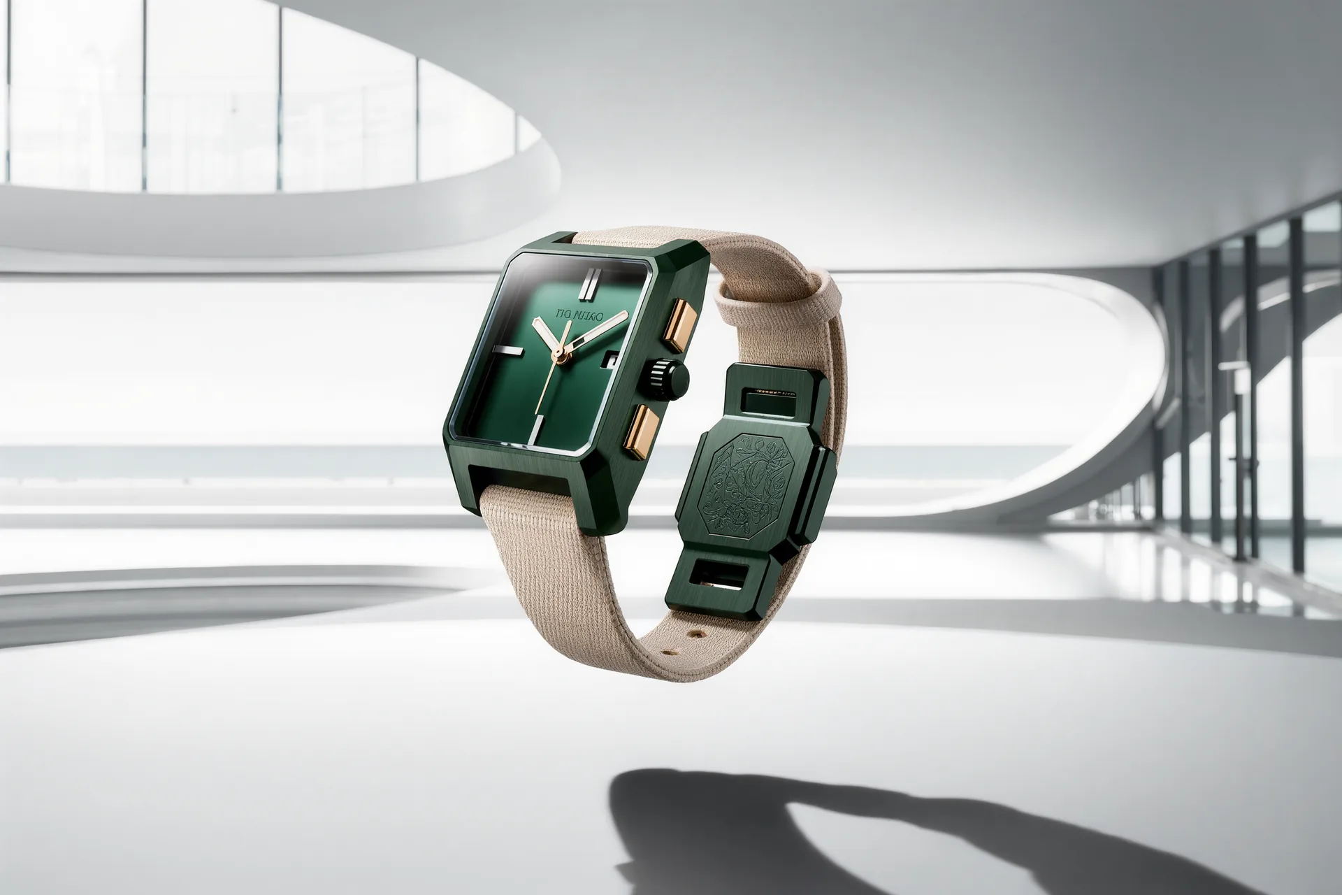 Montre militaire au cadran stérile et bracelet toilé, retournée pour montrer les gravures de service au dos du boîtier