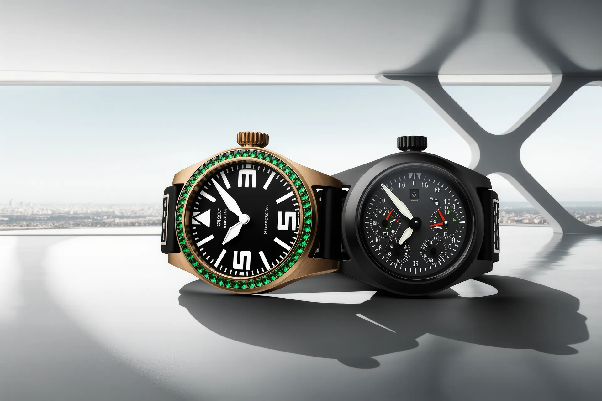 Montre d'aviateur au cadran noir mat, larges chiffres luminescents et grosse couronne, posée près d'un cadran de bord d'avion