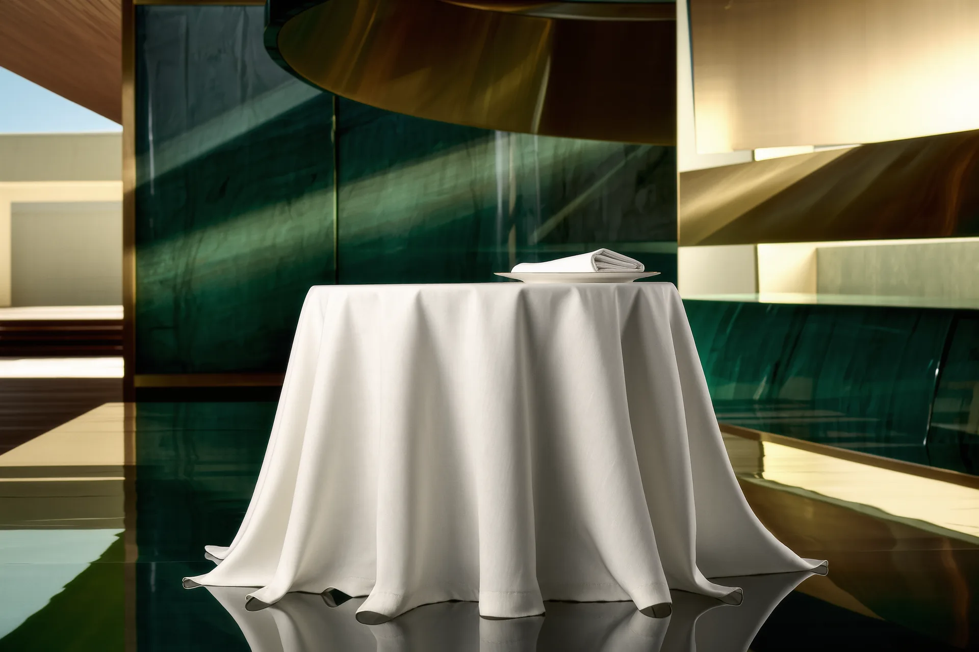 Belle nappe de lin blanc au tombé ample, serviette pliée et bord repassé sur une table de dîner