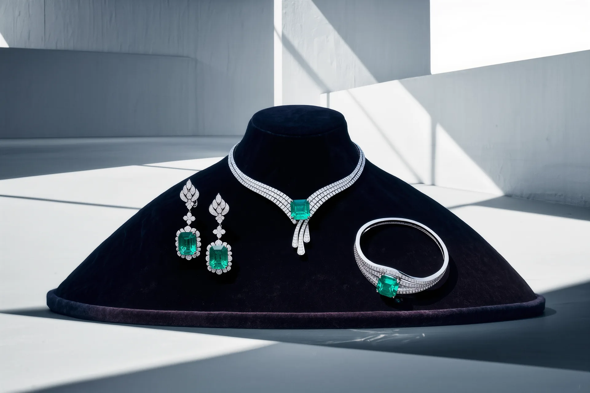 Une parure complète, collier, boucles et bracelet accordés, présentée sur velours.