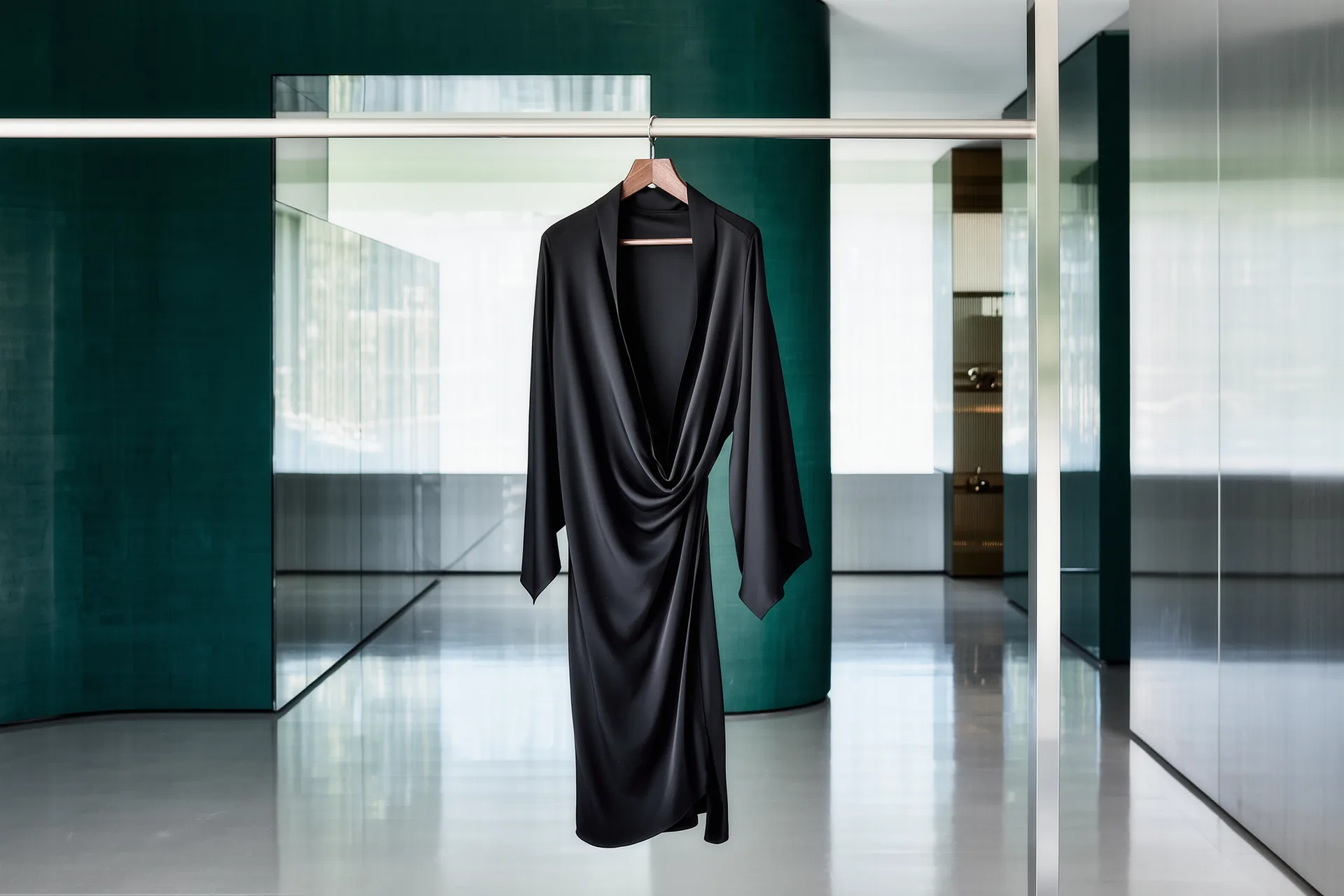 Robe noire fluide sur un cintre de bois, lumière douce d'atelier de couture.