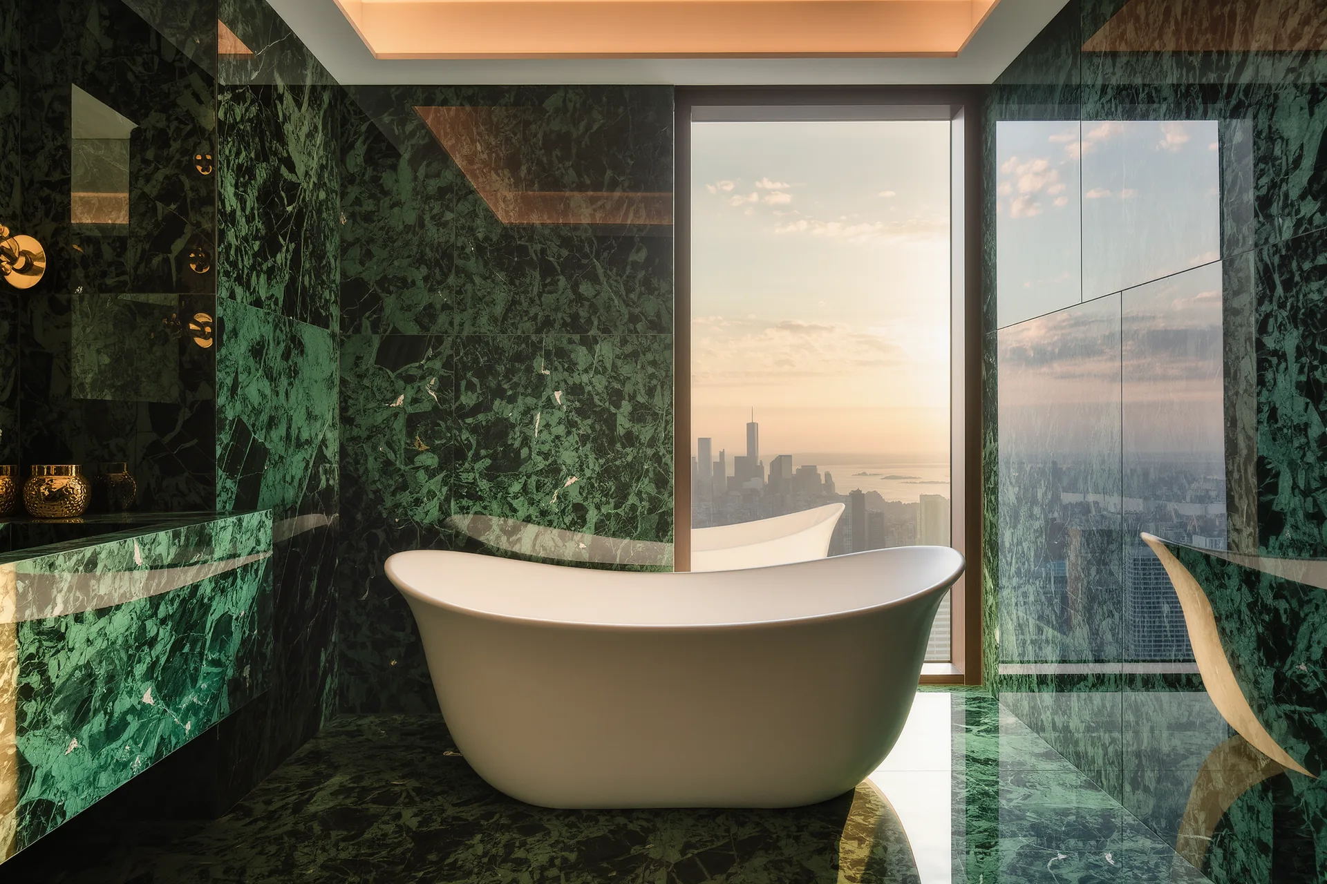 Salle de bains habillée de marbre veiné, baignoire îlot et lumière naturelle tamisée le matin