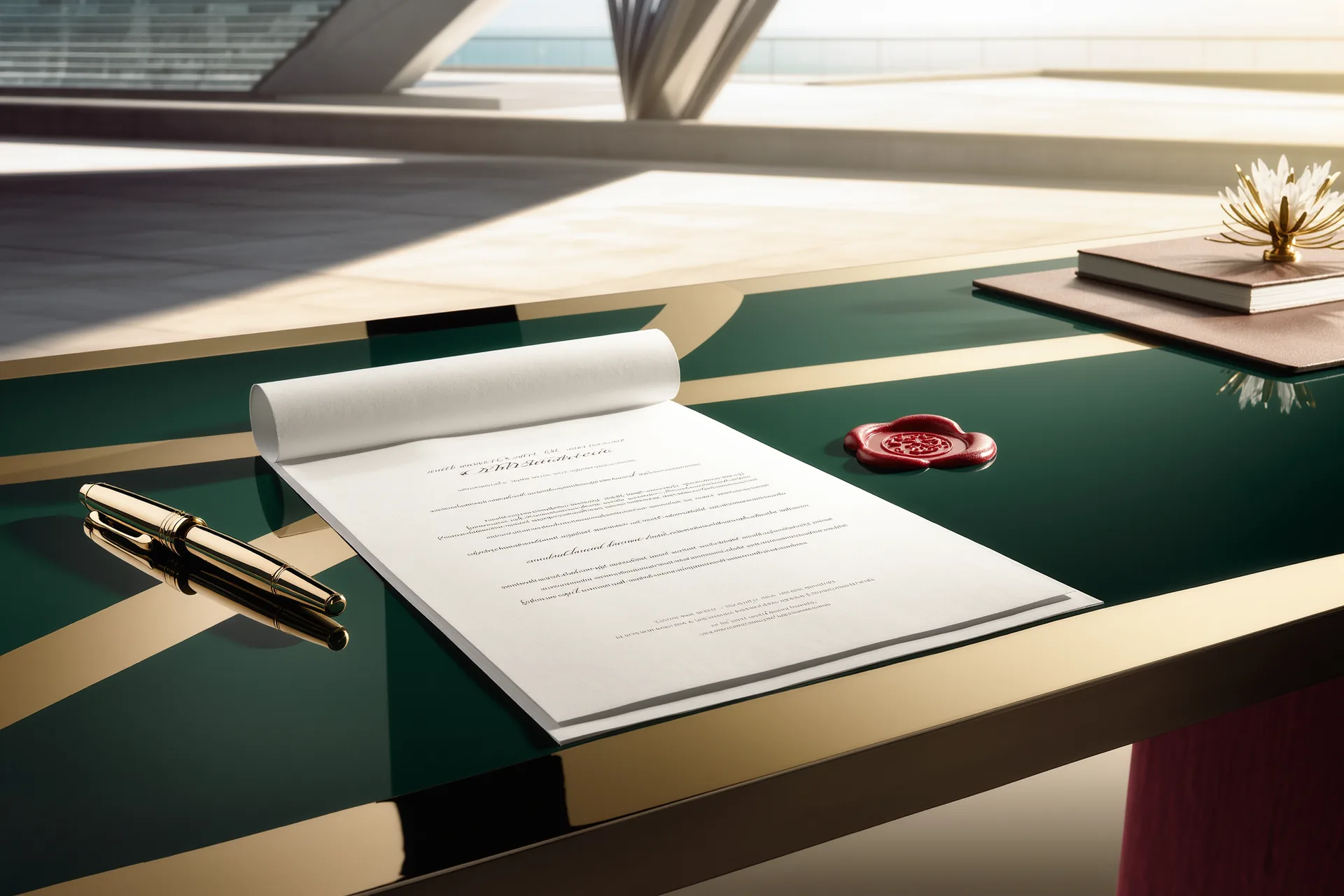 Statuts de société civile posés sur une table de notaire, stylo à plume et cachet de cire rouge.