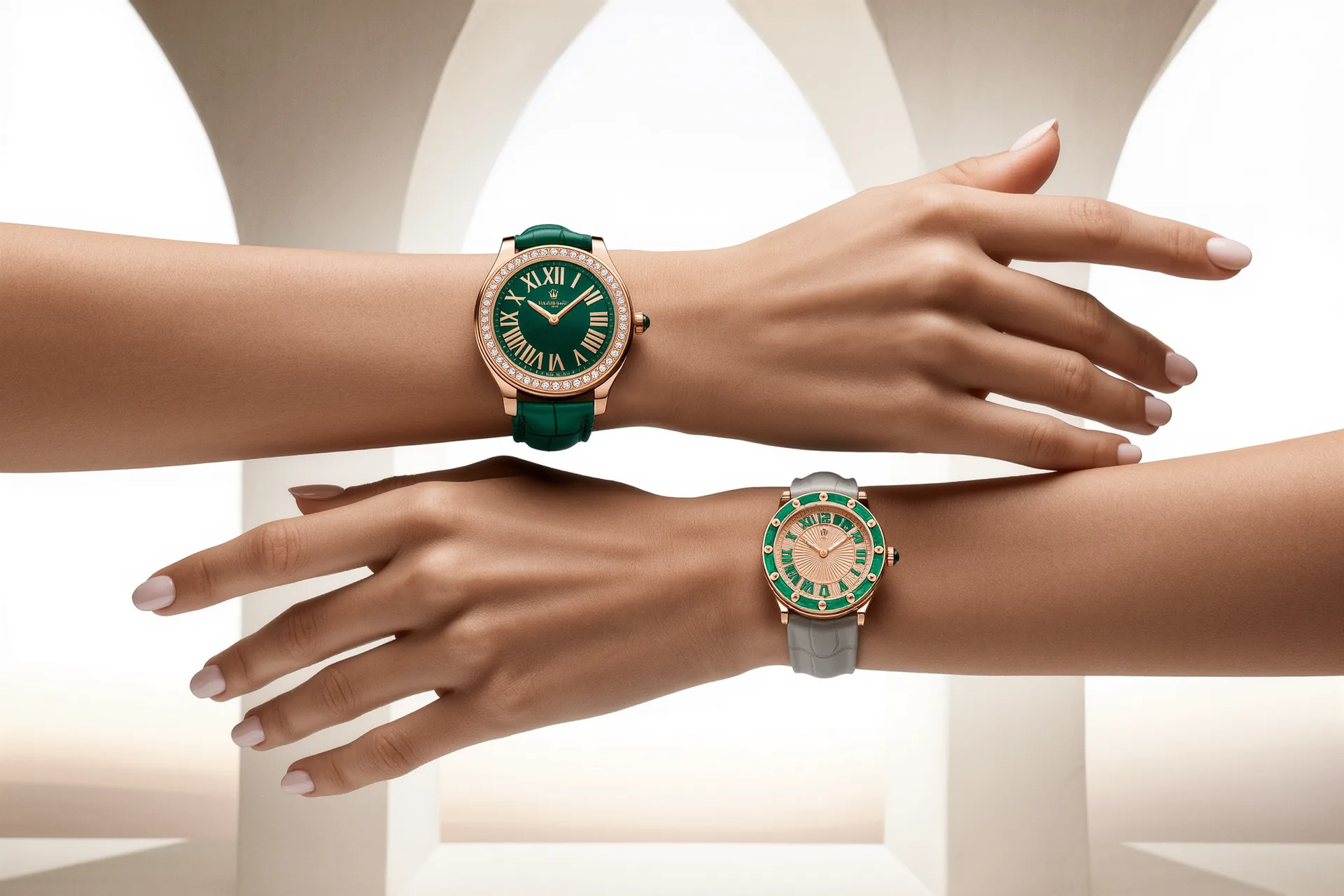 Deux montres de diamètres différents essayées côte à côte sur un poignet, révélant l'écart de proportion avec la manchette