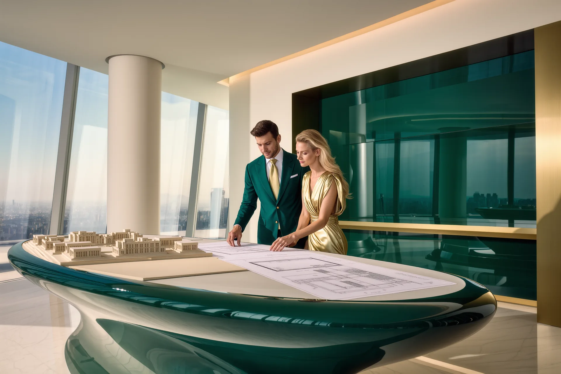 Un couple examine une maquette d'immeuble neuf et des plans déployés dans un bureau de vente lumineux.