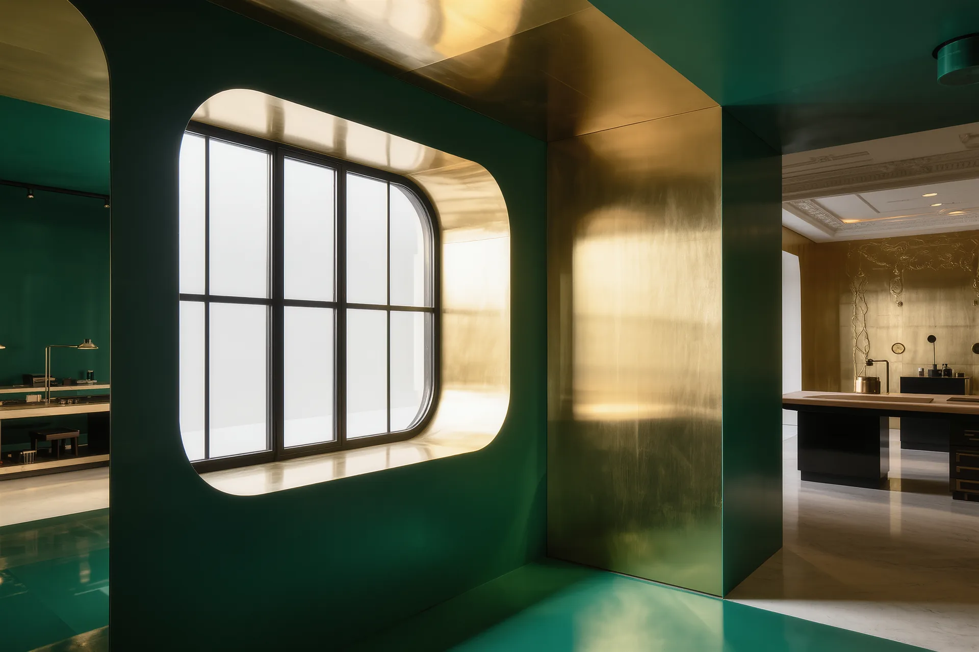 Grande verrière d'atelier en acier noir baignant de lumière une pièce aux murs clairs