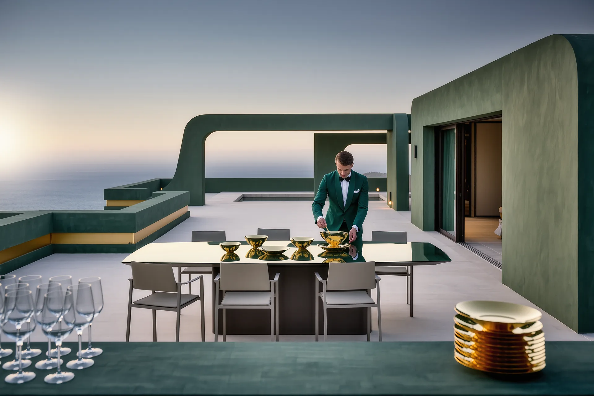 Une villa méditerranéenne au crépuscule, table dressée sur la terrasse et personnel disposant les couverts.