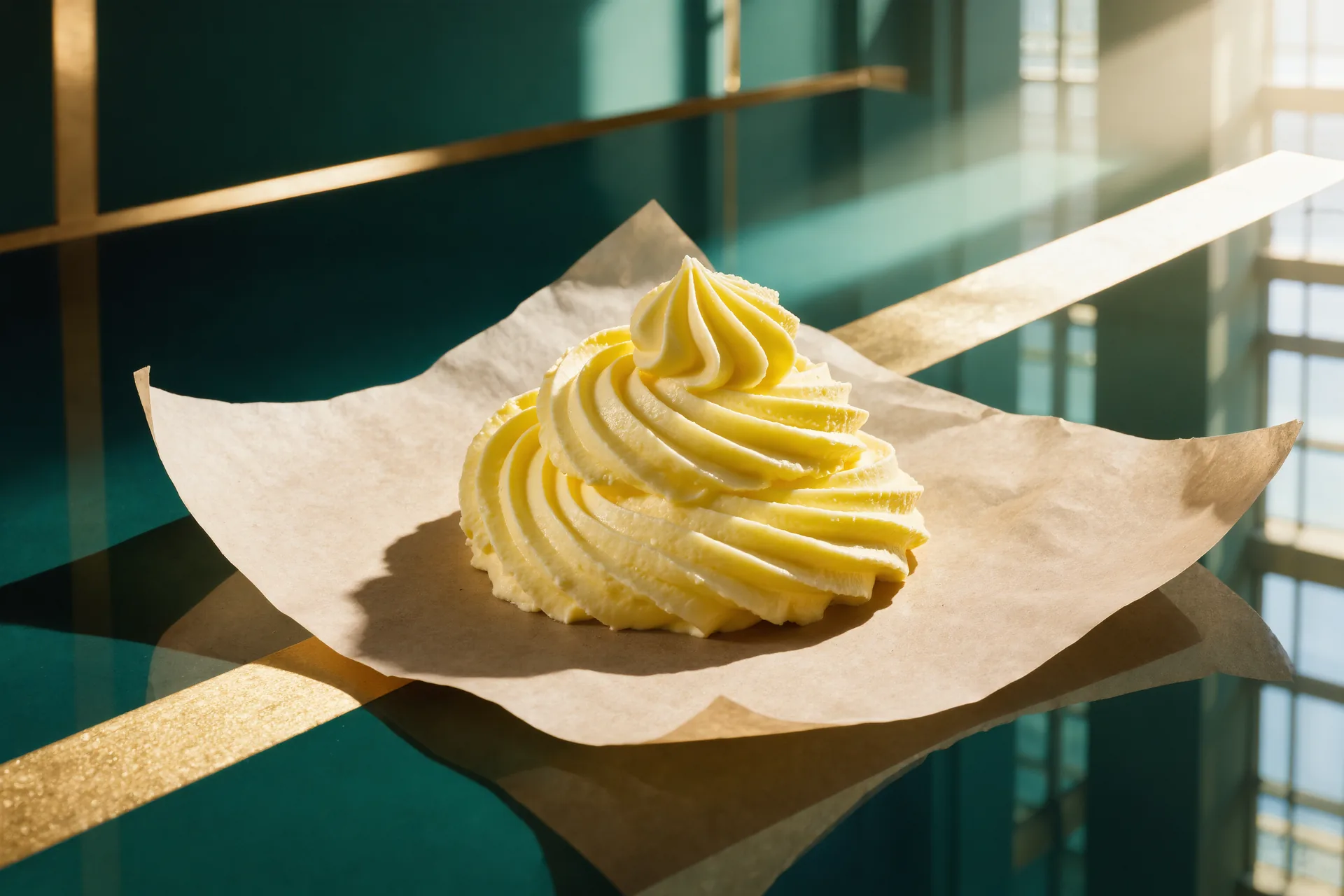 Motte de beurre de baratte jaune paille marquée au moule sur un papier sulfurisé