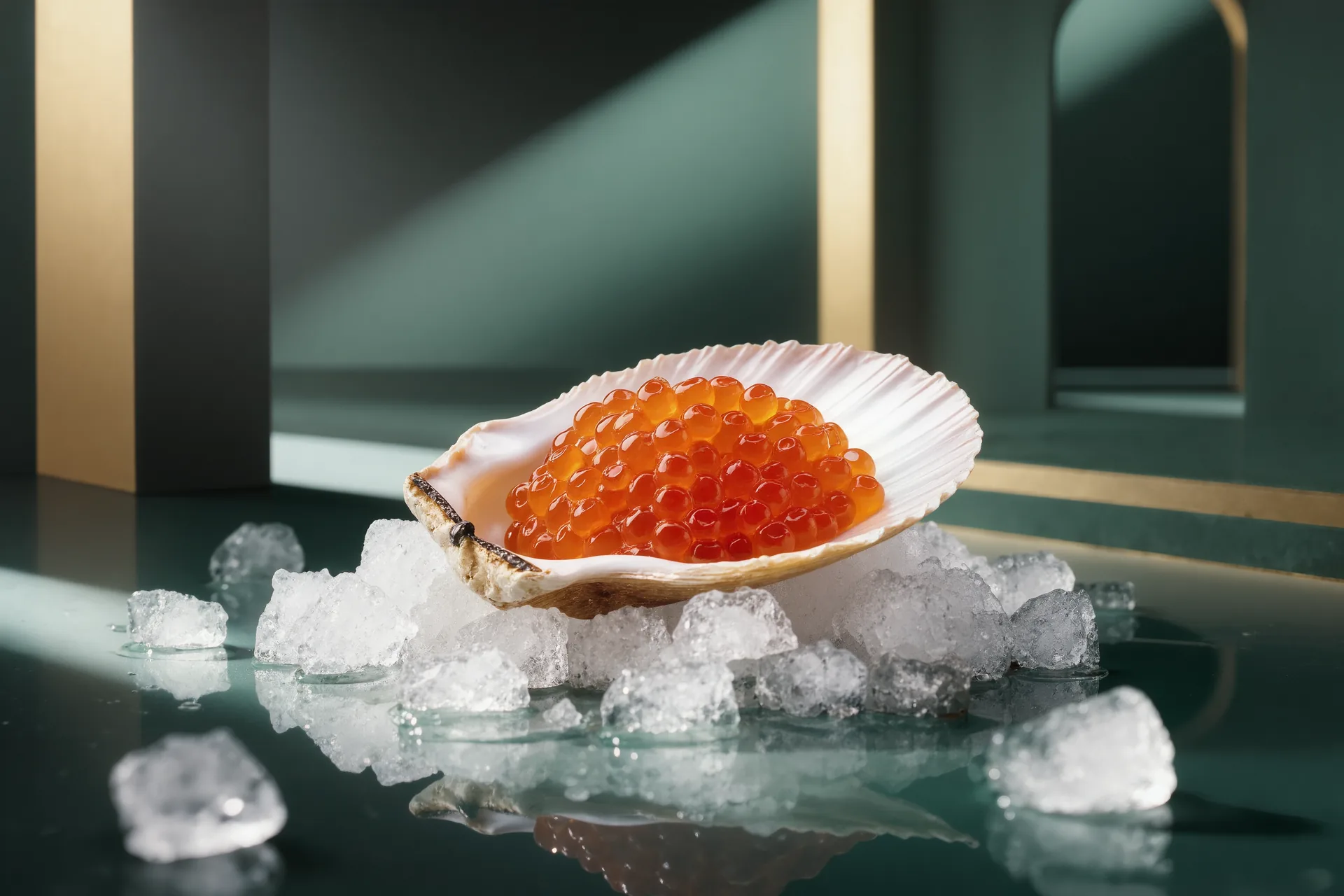 Cuillère de nacre chargée de grains de caviar ambrés posée sur un lit de glace pilée