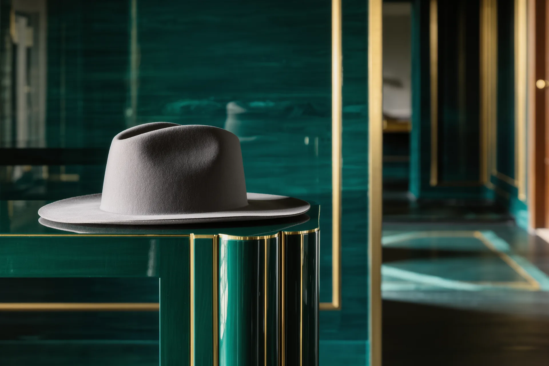 Un chapeau en feutre gris à bord souple posé sur une console d'entrée, lumière feutrée.