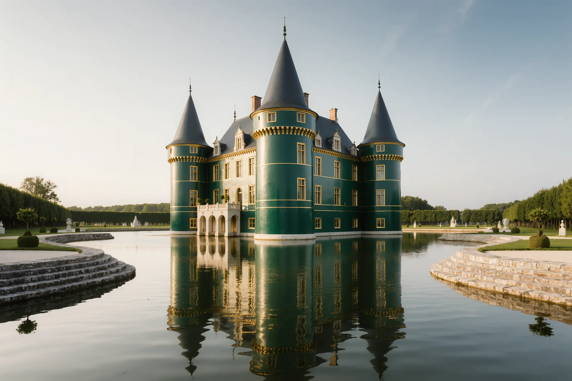 Château français de pierre et d'ardoise au bout d'une allée, douves et parc à la française