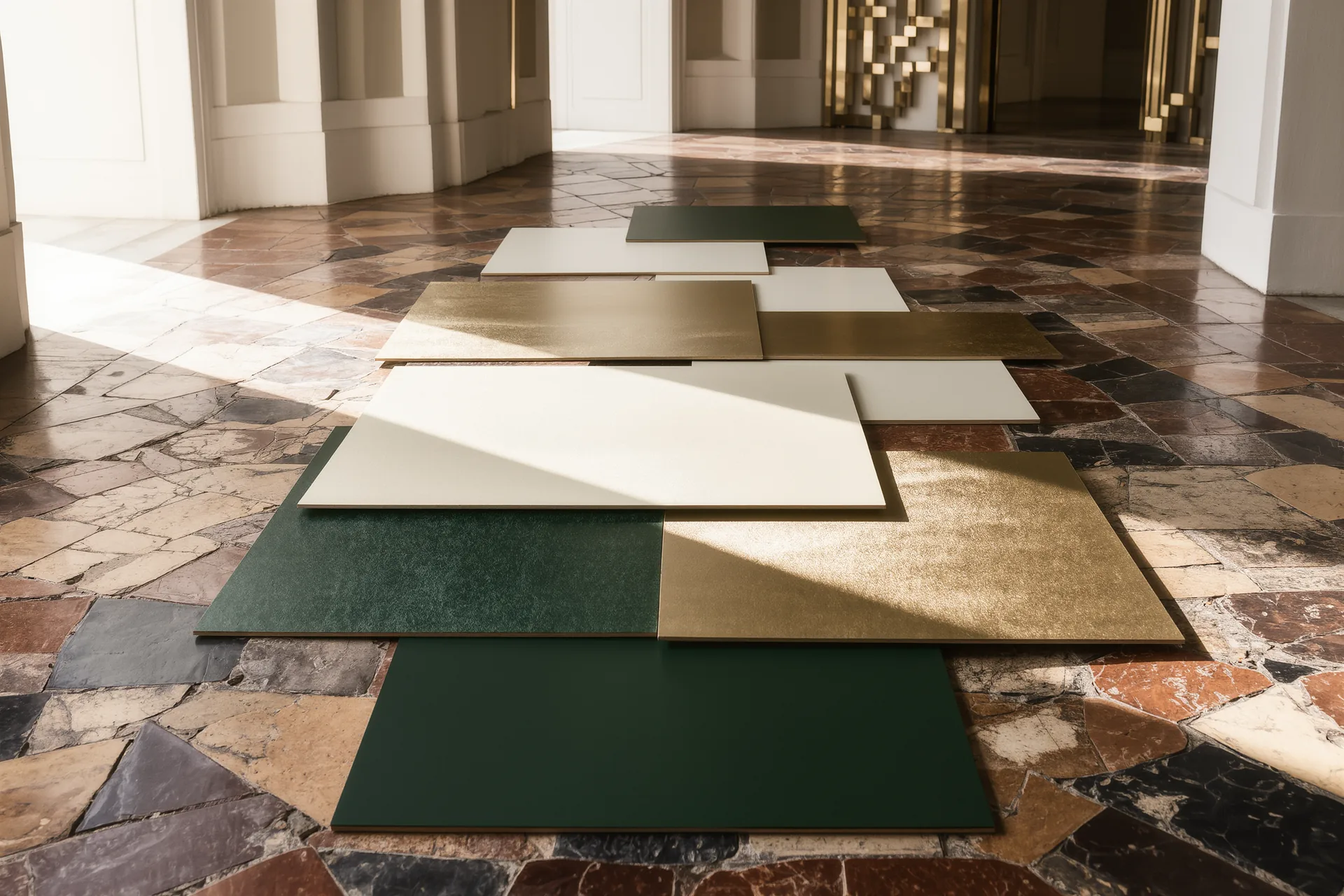 Nuancier de peintures mates posé sur un parquet ancien, tons de blanc cassé, vert profond et terre