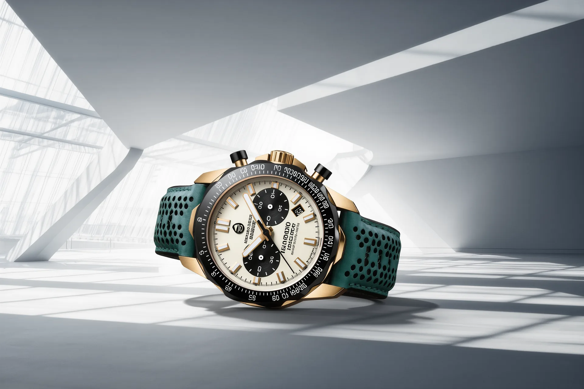 Chronographe de course à cadran clair et compteurs noirs contrastés, sur un bracelet de cuir perforé façon gant de pilote