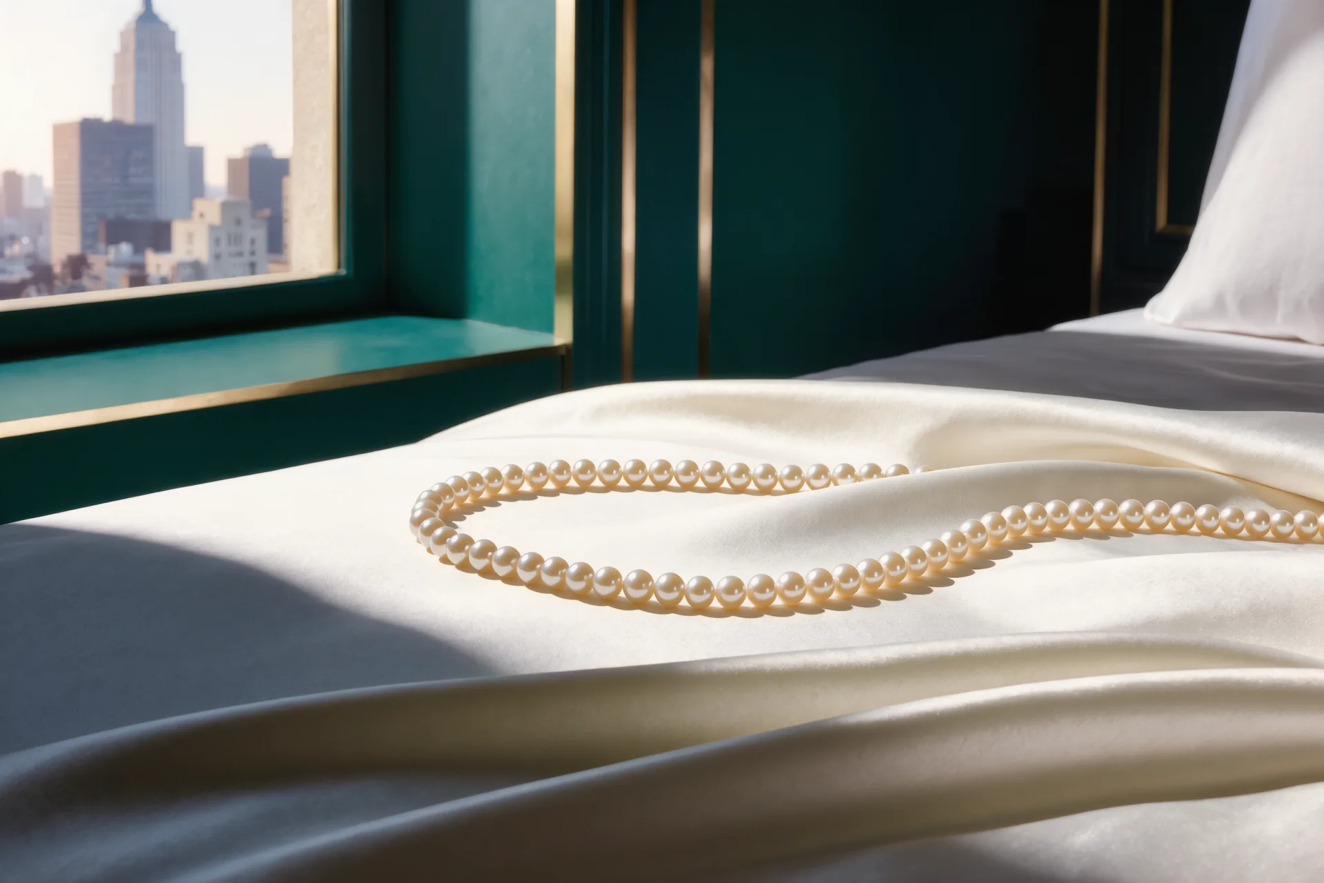 Un rang de perles blanches lové sur un drap de soie ivoire près d'une fenêtre.