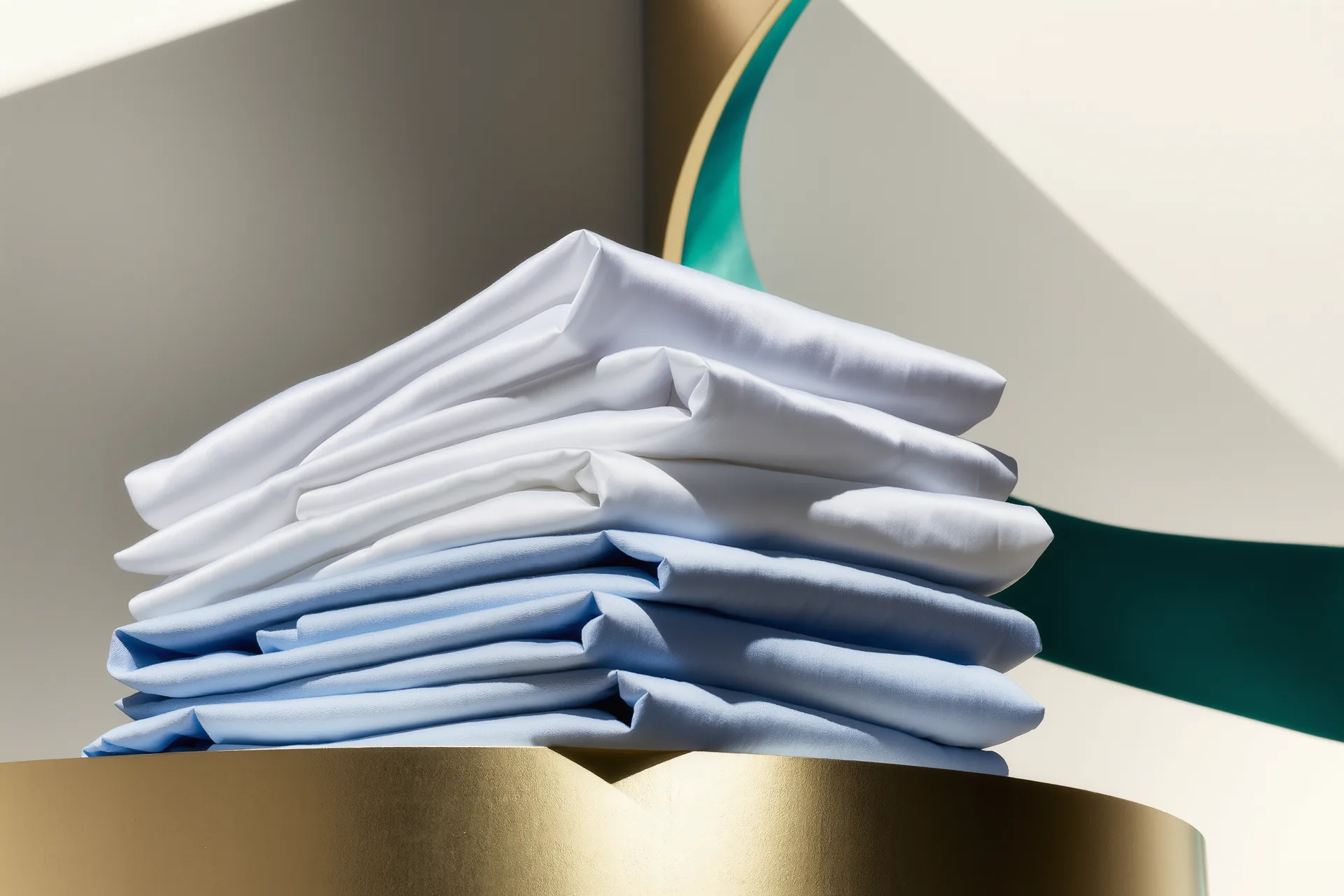 Piles de chemises blanches et bleu ciel repassées, tissage visible en gros plan sous une lumière nette