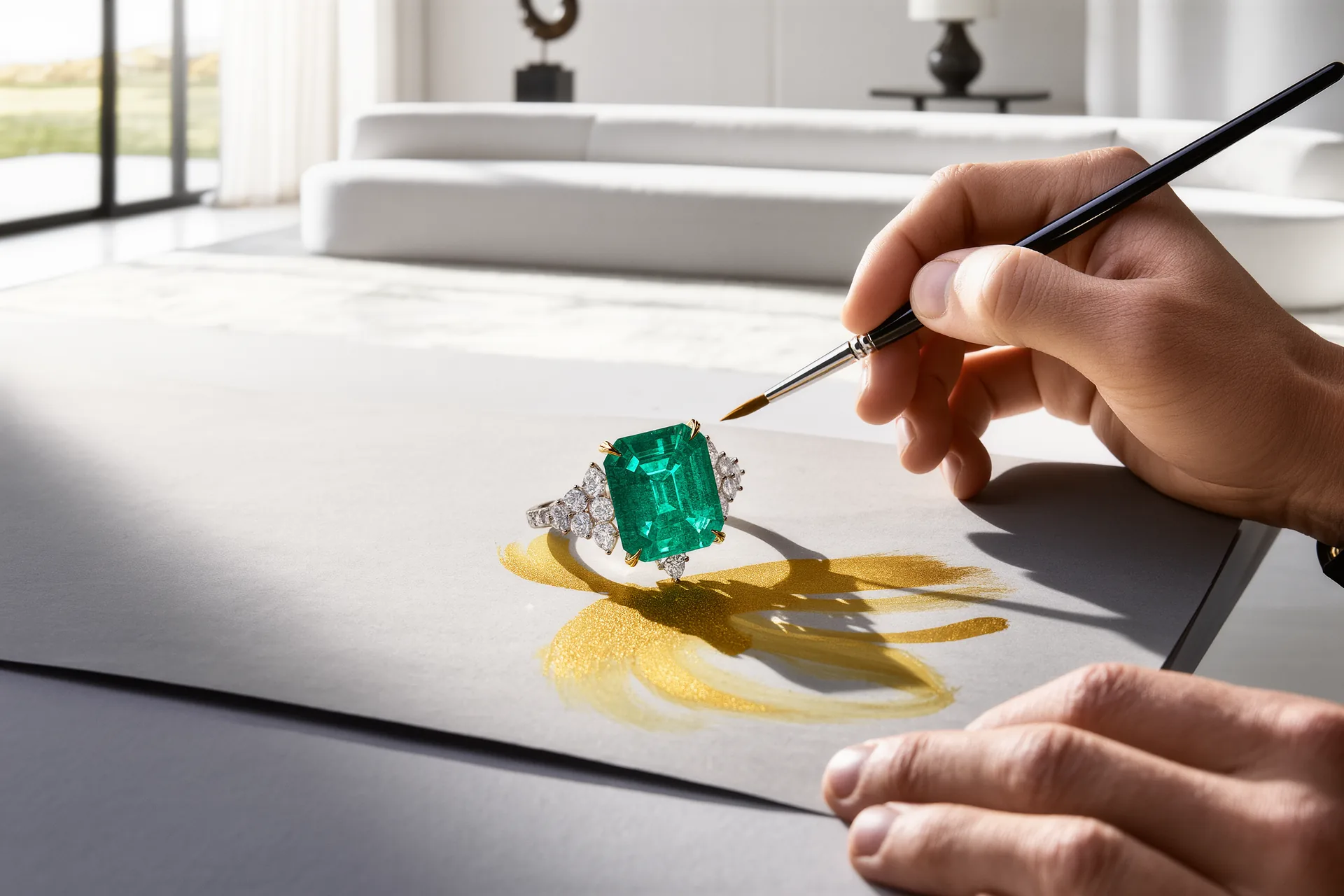 Un dessinateur-gouacheur peint à l'échelle une bague sur papier gris, rendant à la gouache le feu des pierres et l'éclat de l'or.