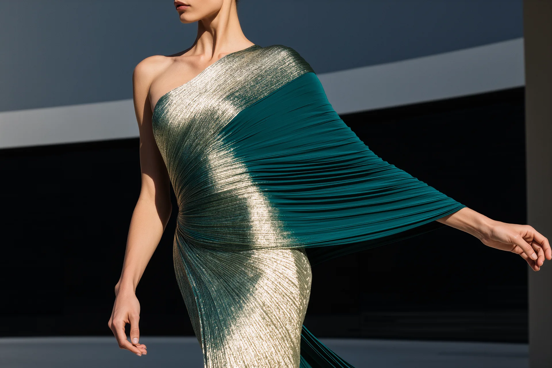 Robe drapée à l'épaule, plis obliques saisis en plein mouvement, fond sombre.