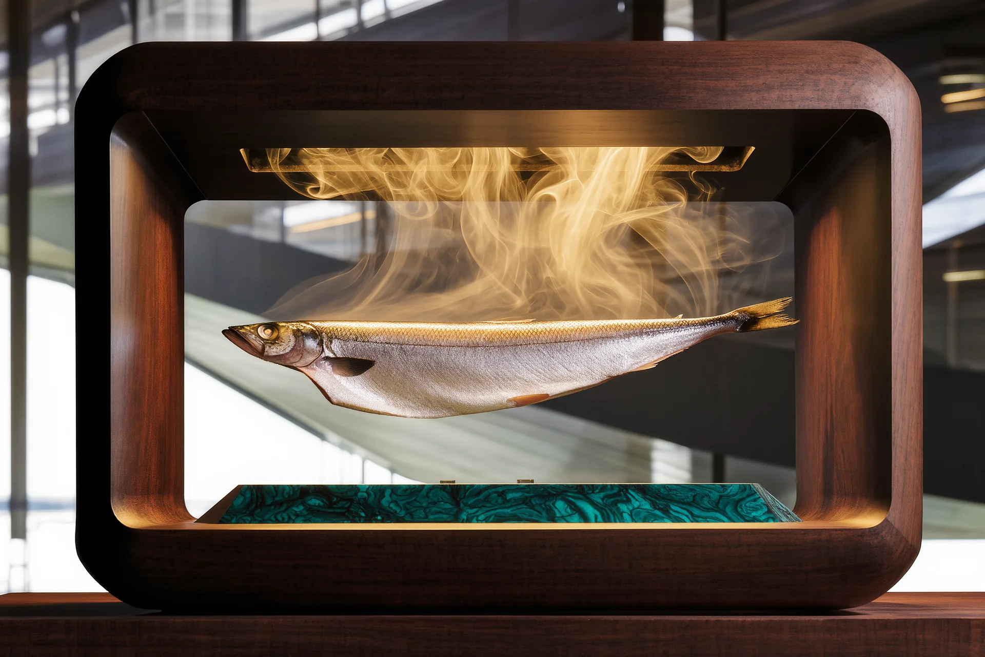 Des filets de poisson suspendus dans un fumoir de bois sombre, nappés d'une fine fumée dorée qui monte lentement.