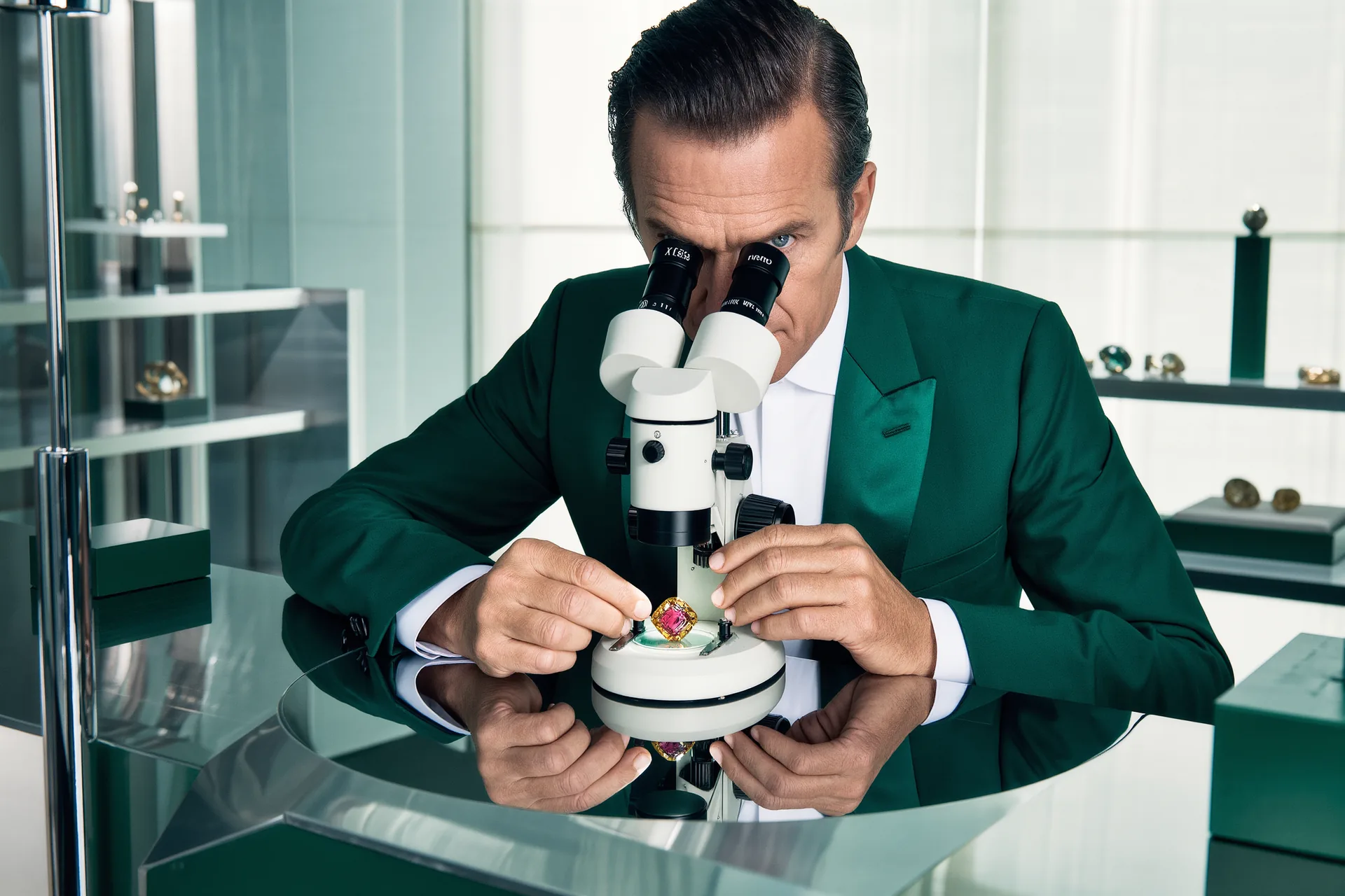 Un gemmologue observe une pierre de couleur au microscope, cherchant dans ses inclusions la signature de son origine.
