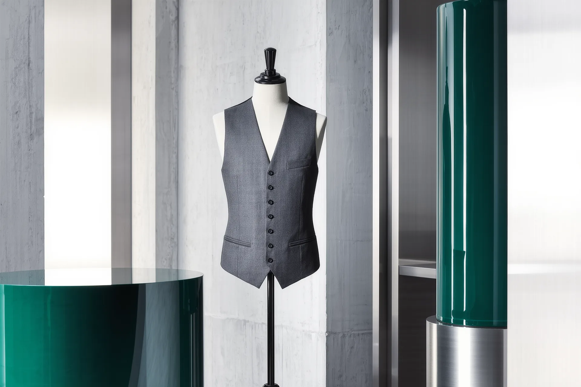 Un gilet de costume en flanelle grise avec sa pointe basse et son dos en satin