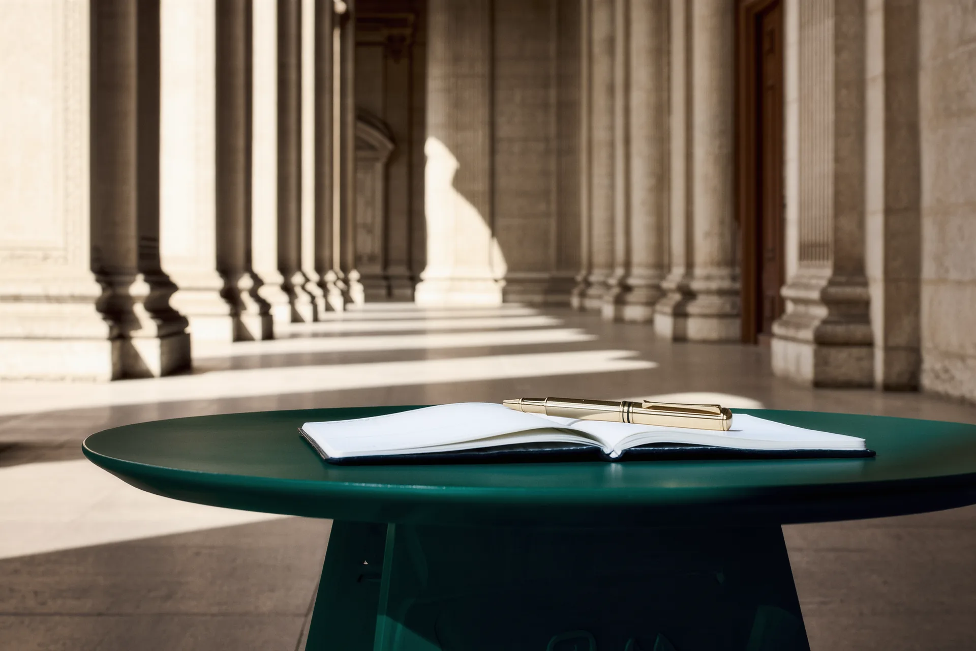 Un carnet de voyage ouvert et un stylo sur une table de café, colonnades d'une ville ancienne en fond.