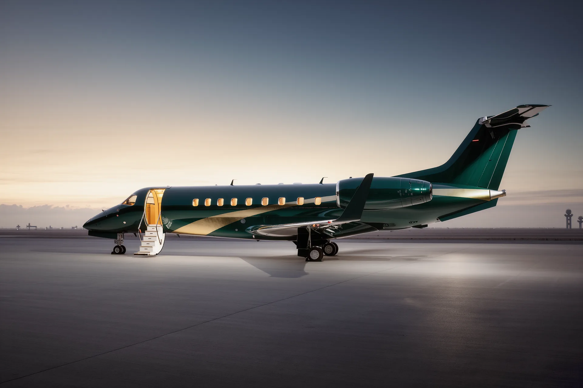 Un jet privé stationné sur un tarmac au crépuscule, passerelle ouverte et cabine éclairée.