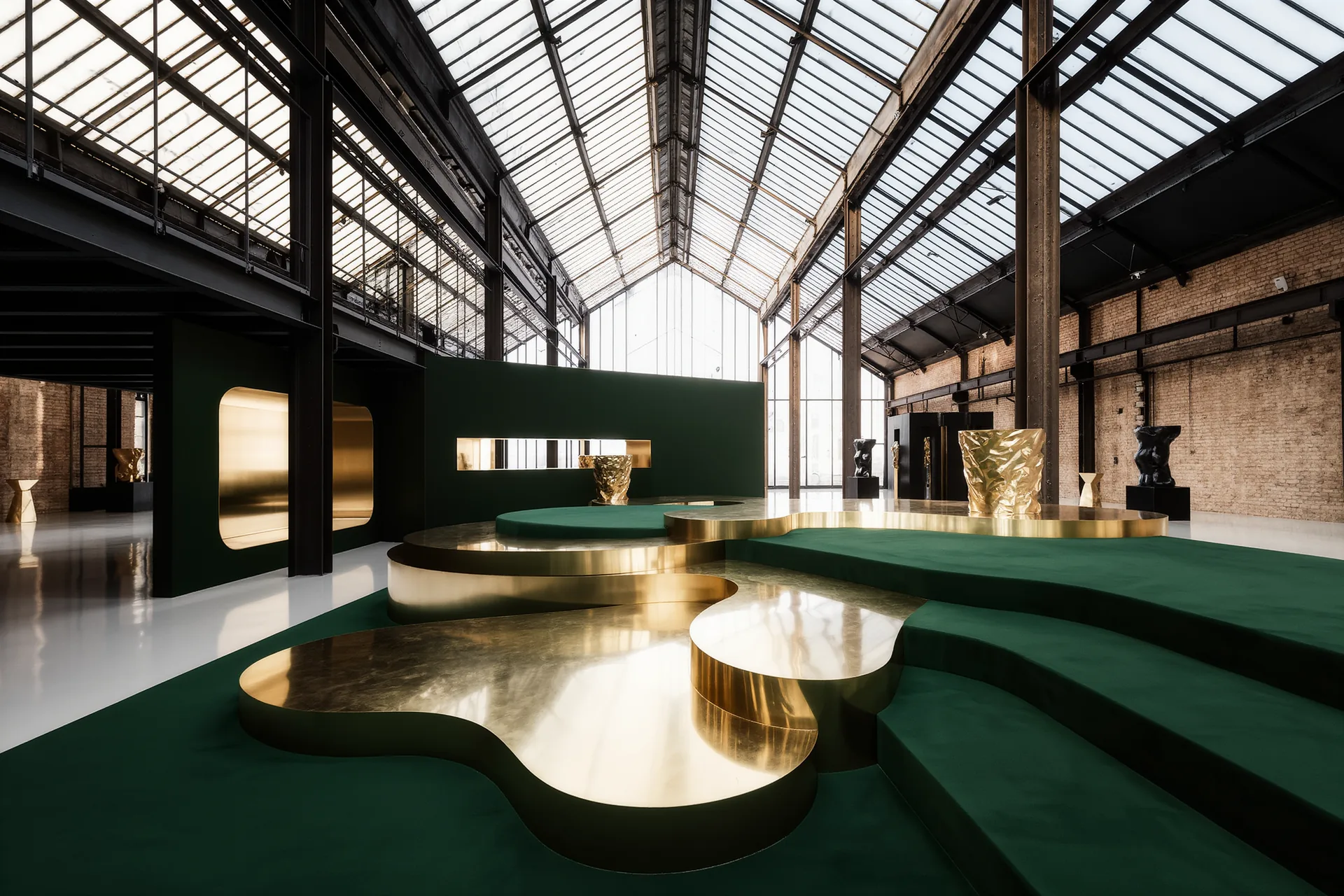Vaste loft industriel, poutres d'acier apparentes, mur de briques nues et grande verrière