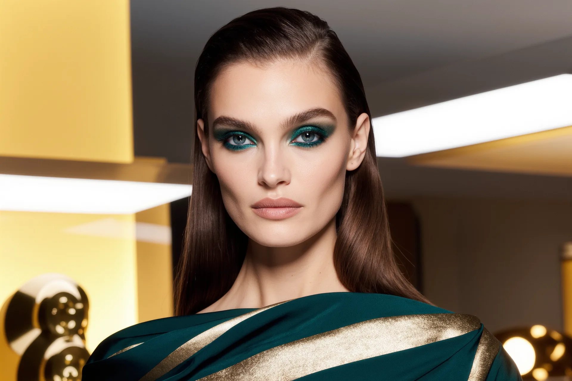 Un maquillage du soir aux yeux intensifiés en dégradé et à la bouche discrète, sous une lumière chaude