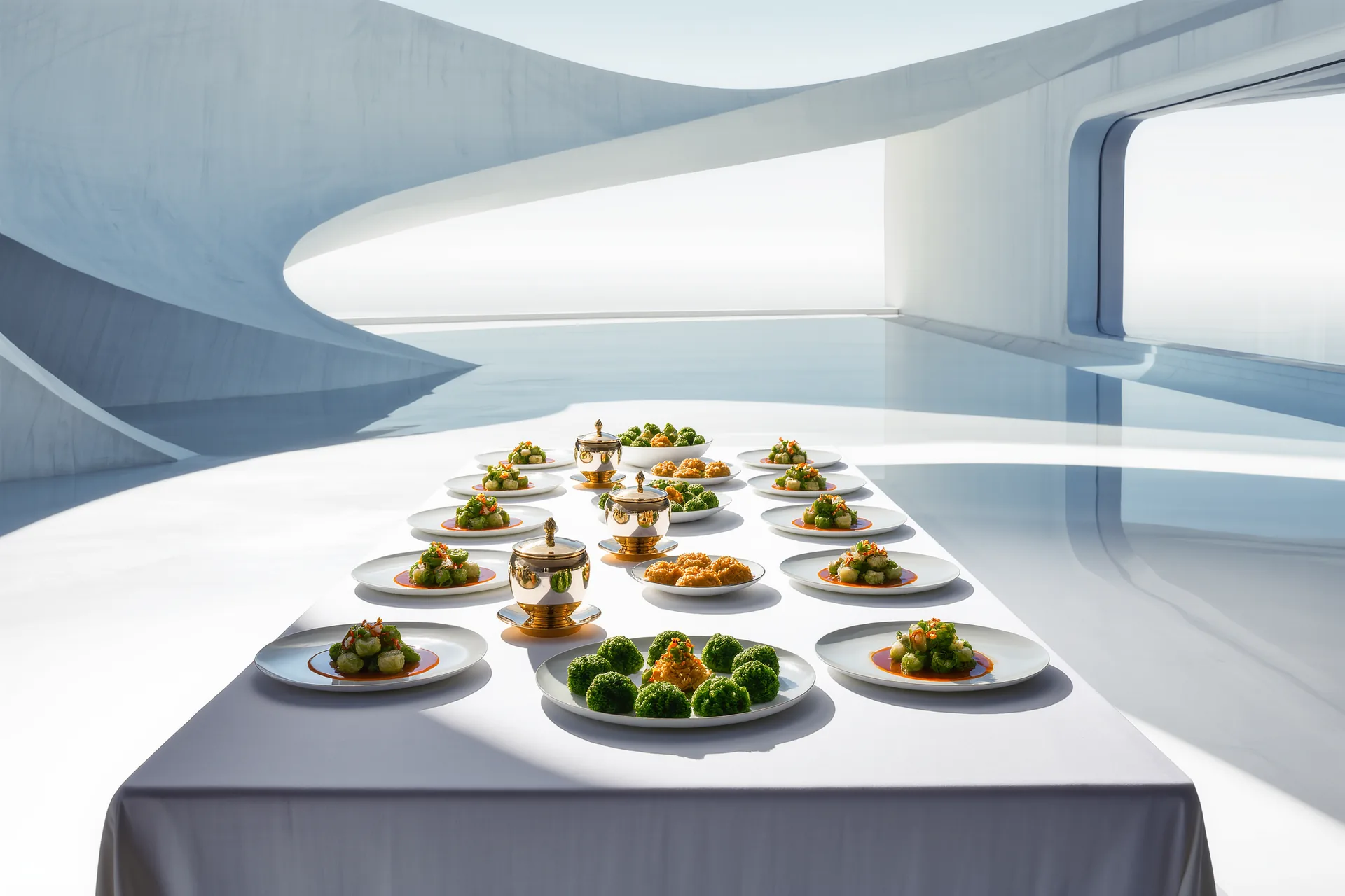 Une succession de petites assiettes dressées avec précision sur une longue table de restaurant gastronomique