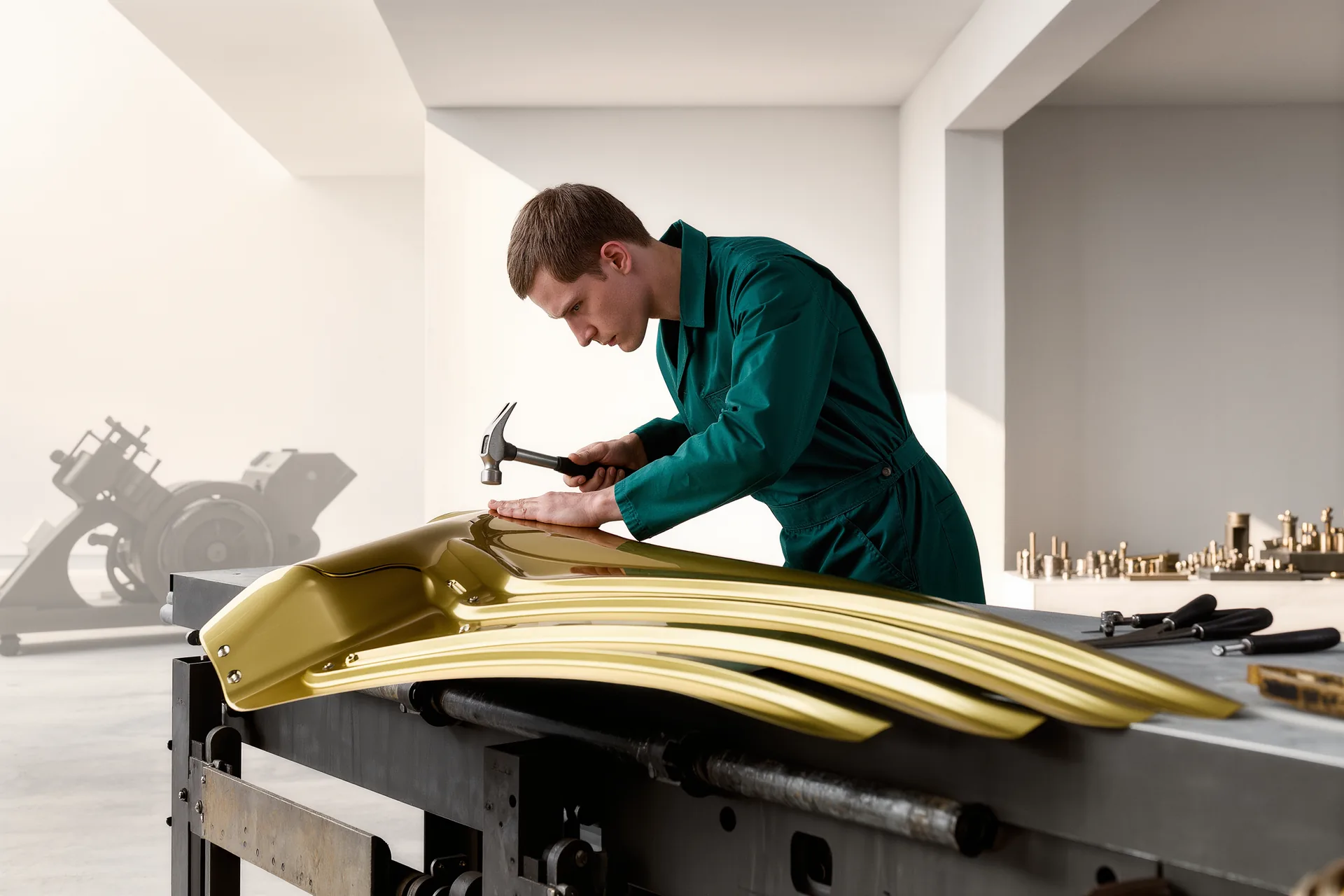 Mains d'un carrossier travaillant au marteau une aile d'aluminium sur un tas à planer, dans un atelier feutré