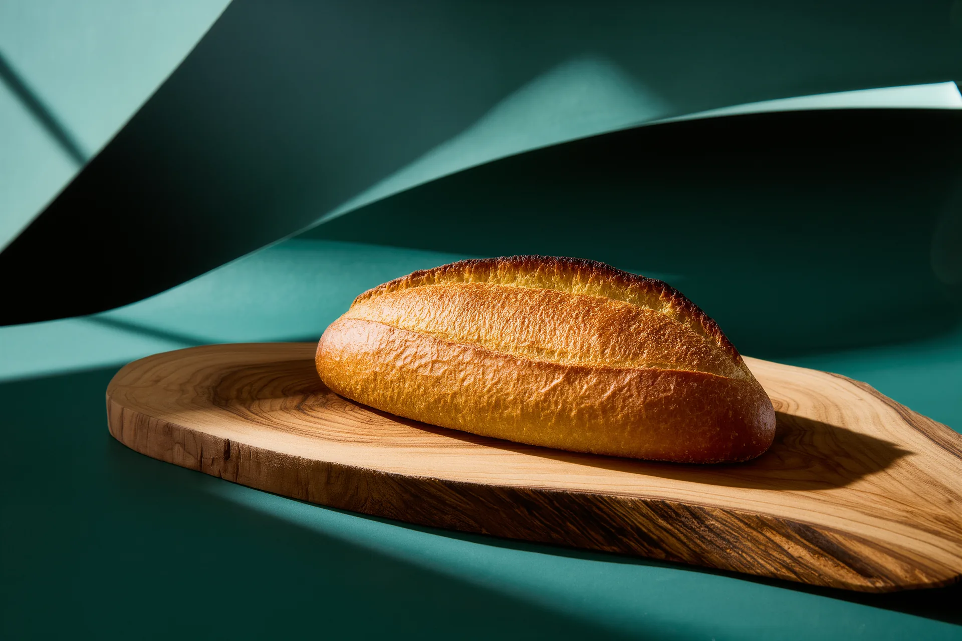 Une belle miche de pain au levain à la croûte dorée et fendue, posée sur une planche de bois brut