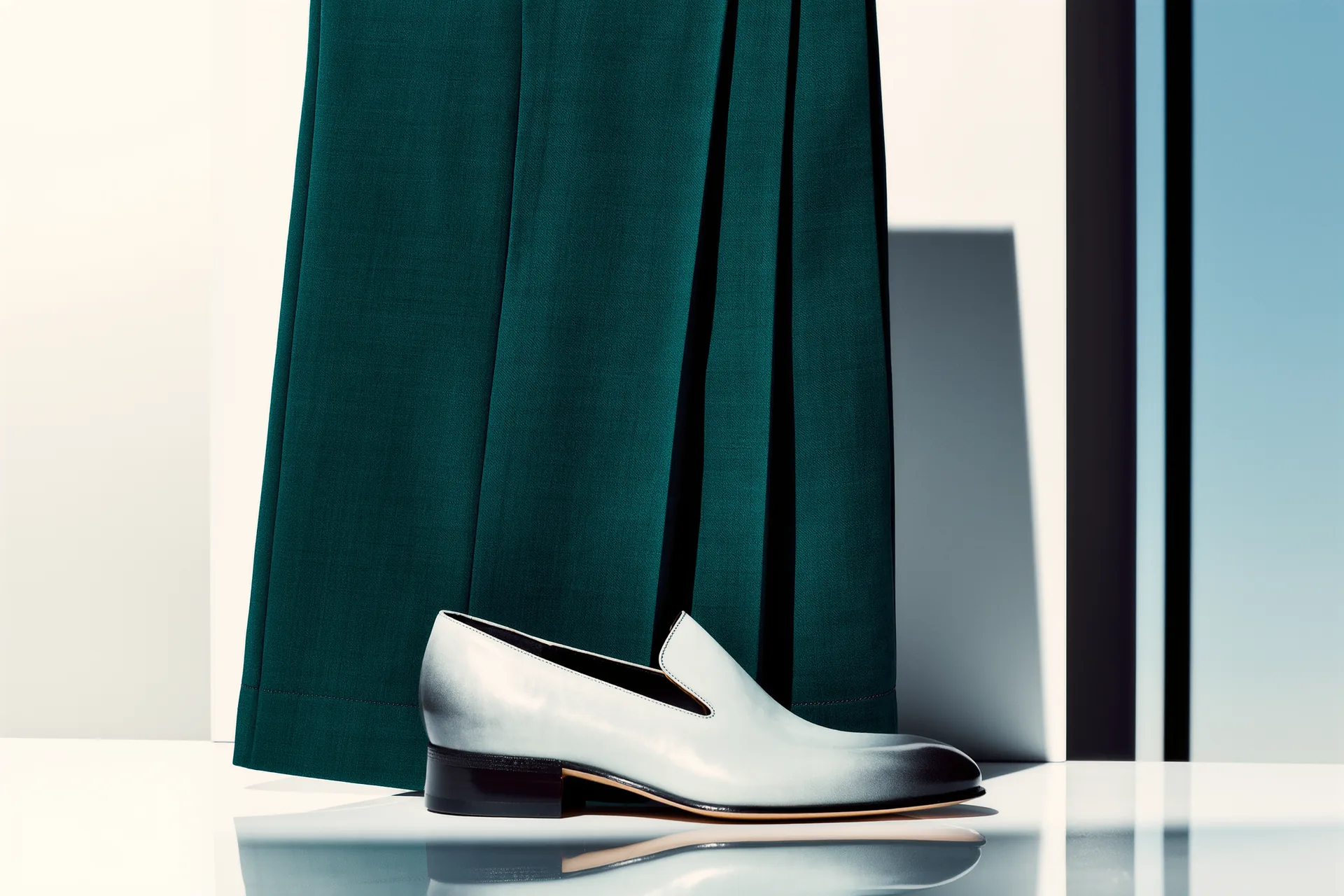 Le bas d'un pantalon de costume à pinces avec un léger break sur la chaussure
