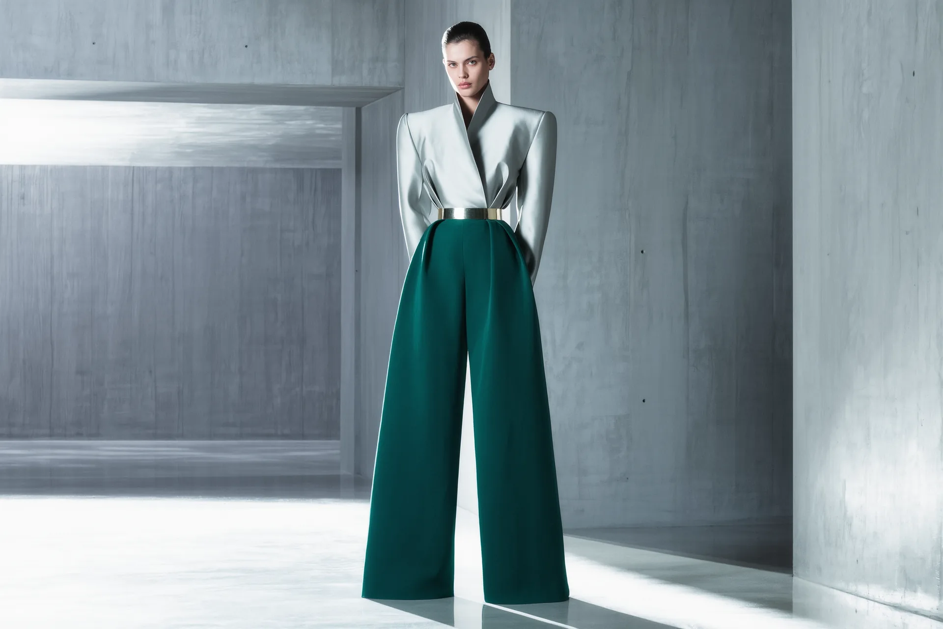 Pantalon large à taille haute tombant droit jusqu'au sol, lumière rasante.