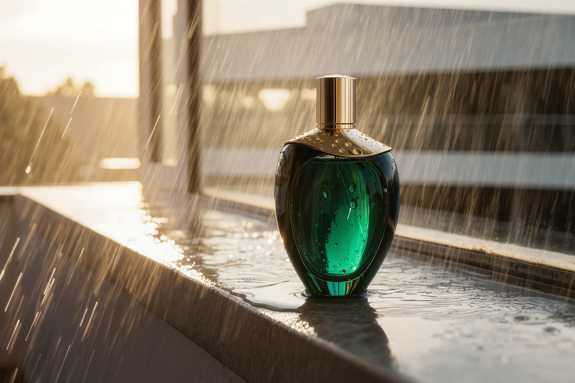 Un flacon de parfum posé sur un rebord de fenêtre, entre pluie et lumière dorée d'automne