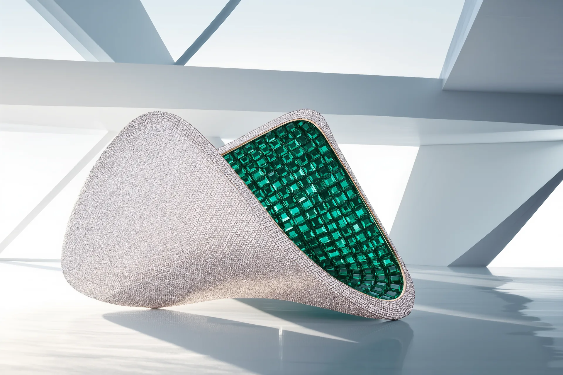 Surface entièrement pavée de petits diamants où le métal disparaît sous la lumière