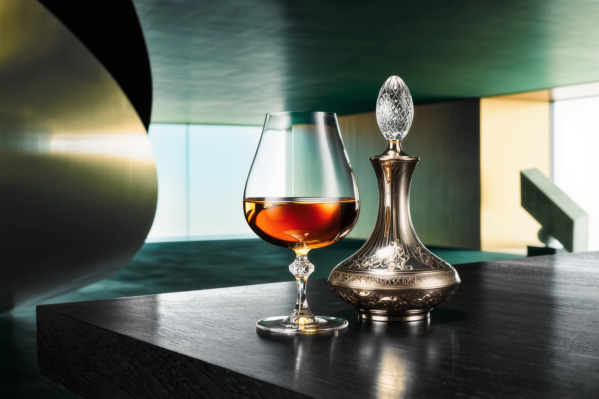 Verre de porto tawny ambré posé près d'une carafe ancienne sur une table de bois sombre, lumière chaude