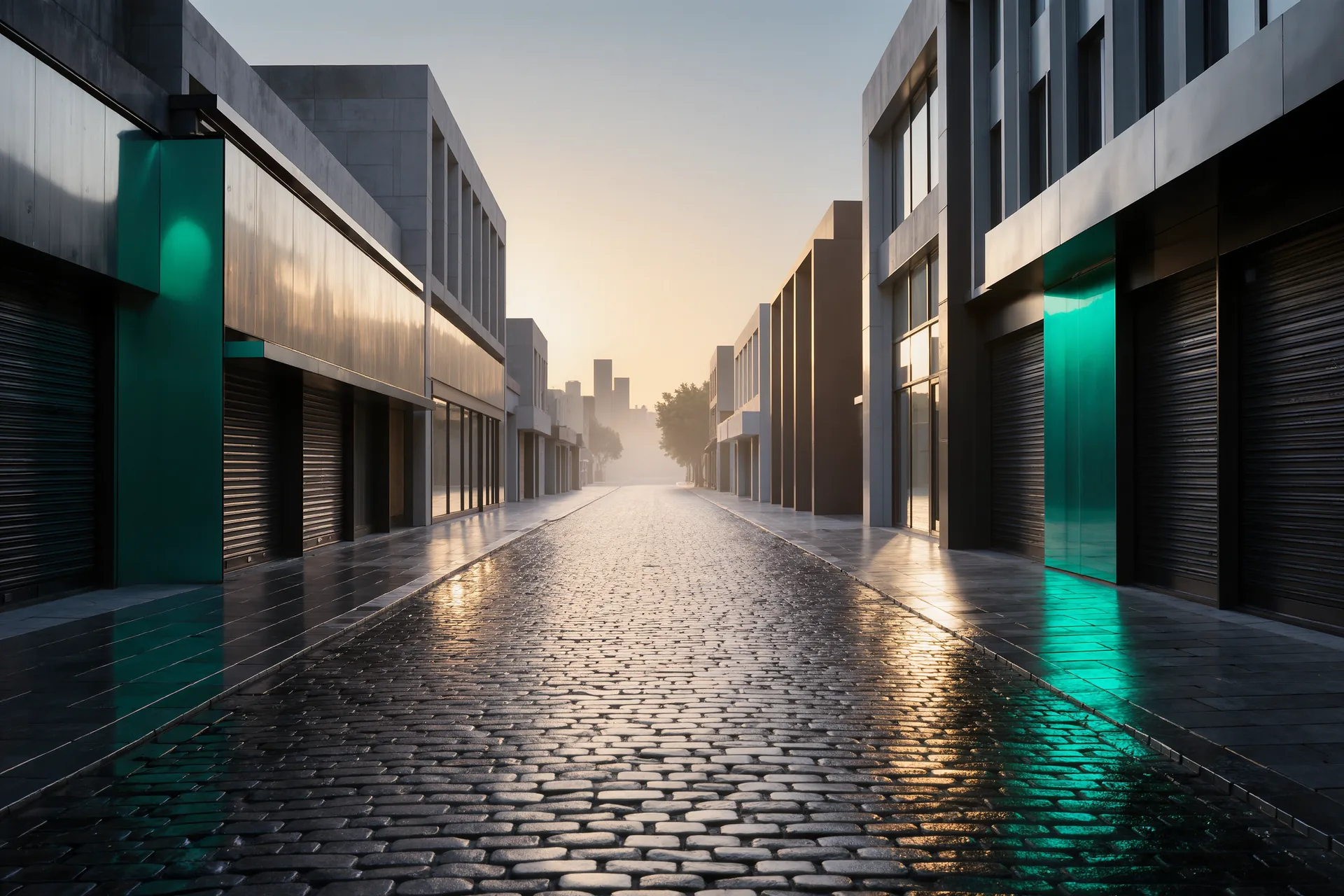 Rue déserte d'une ville au petit matin, boutiques closes, lumière naissante et pavés humides