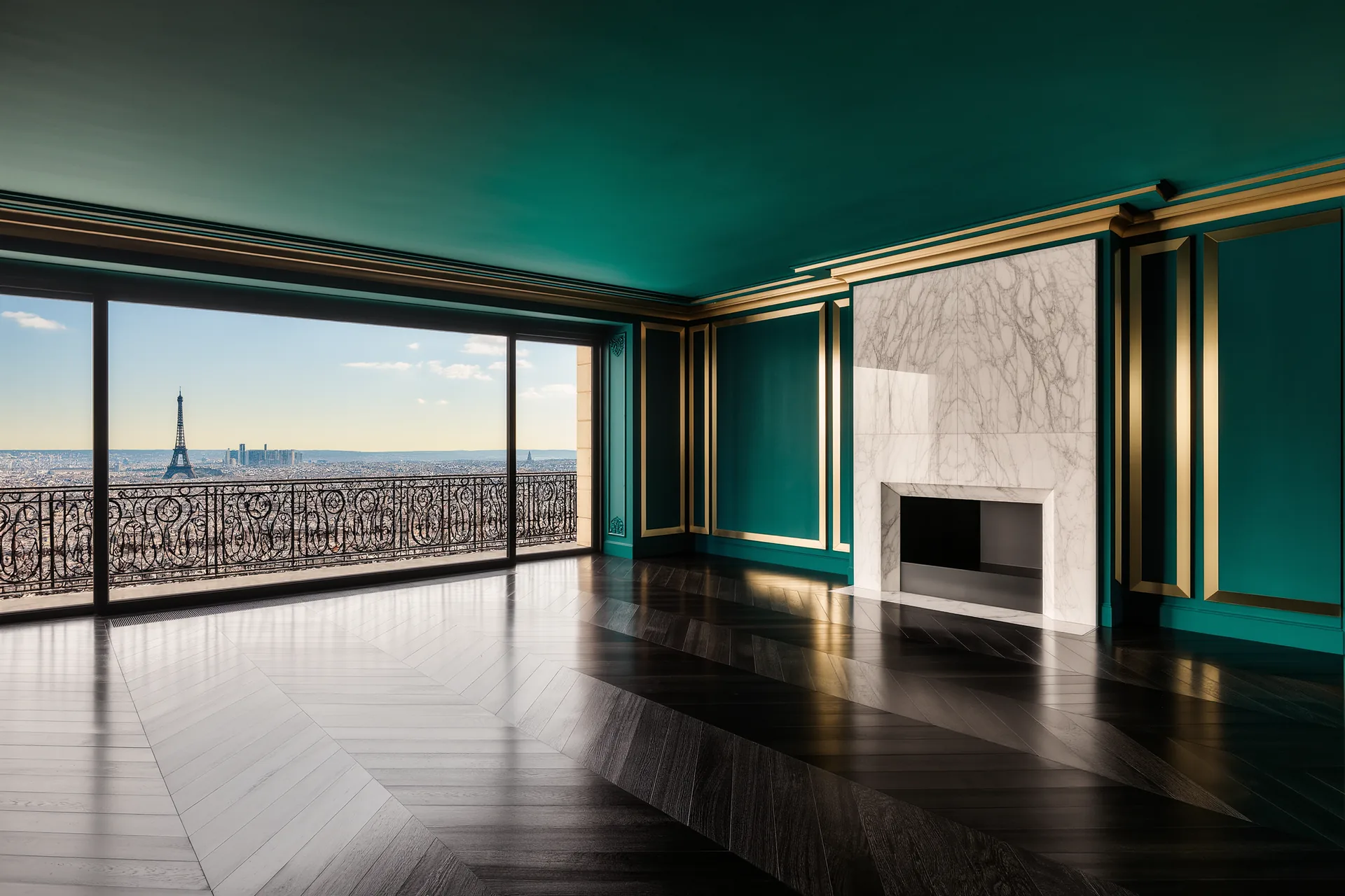 Grand salon parisien vide, parquet et cheminée de marbre, prêt à accueillir un locataire d'exception.