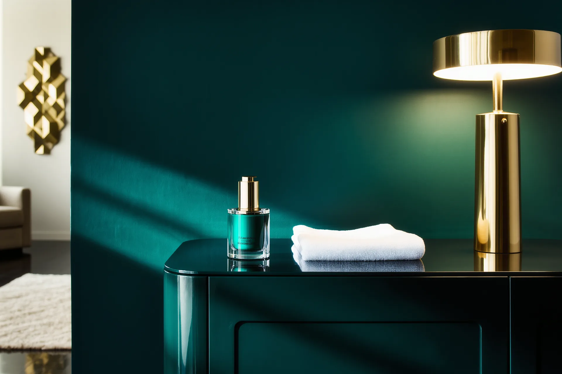 Table de nuit avec un flacon de soin, un linge propre et une lampe basse à la lumière chaude du soir