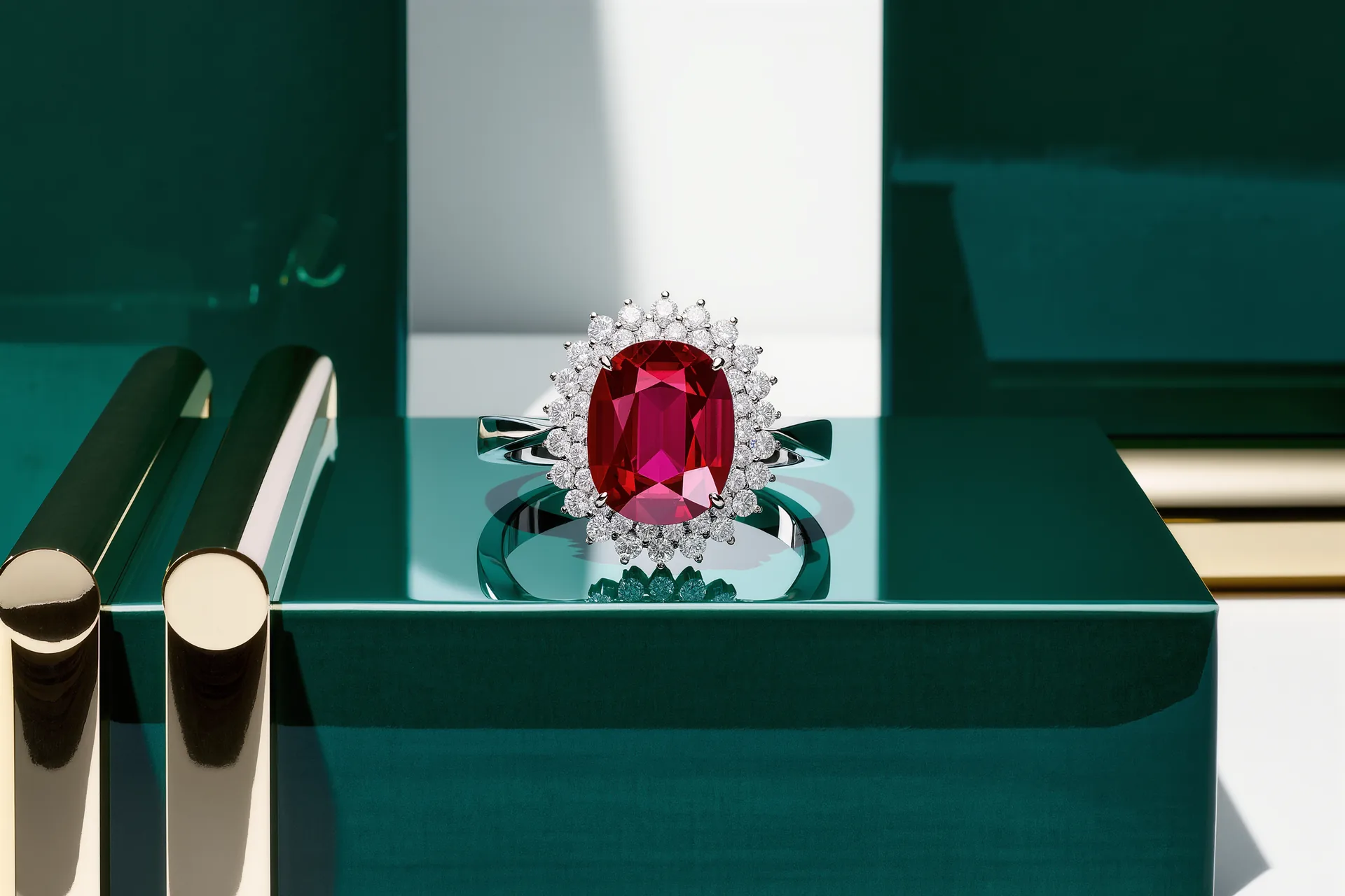 Un rubis birman rouge intense serti de diamants, photographié sous une lumière chaude